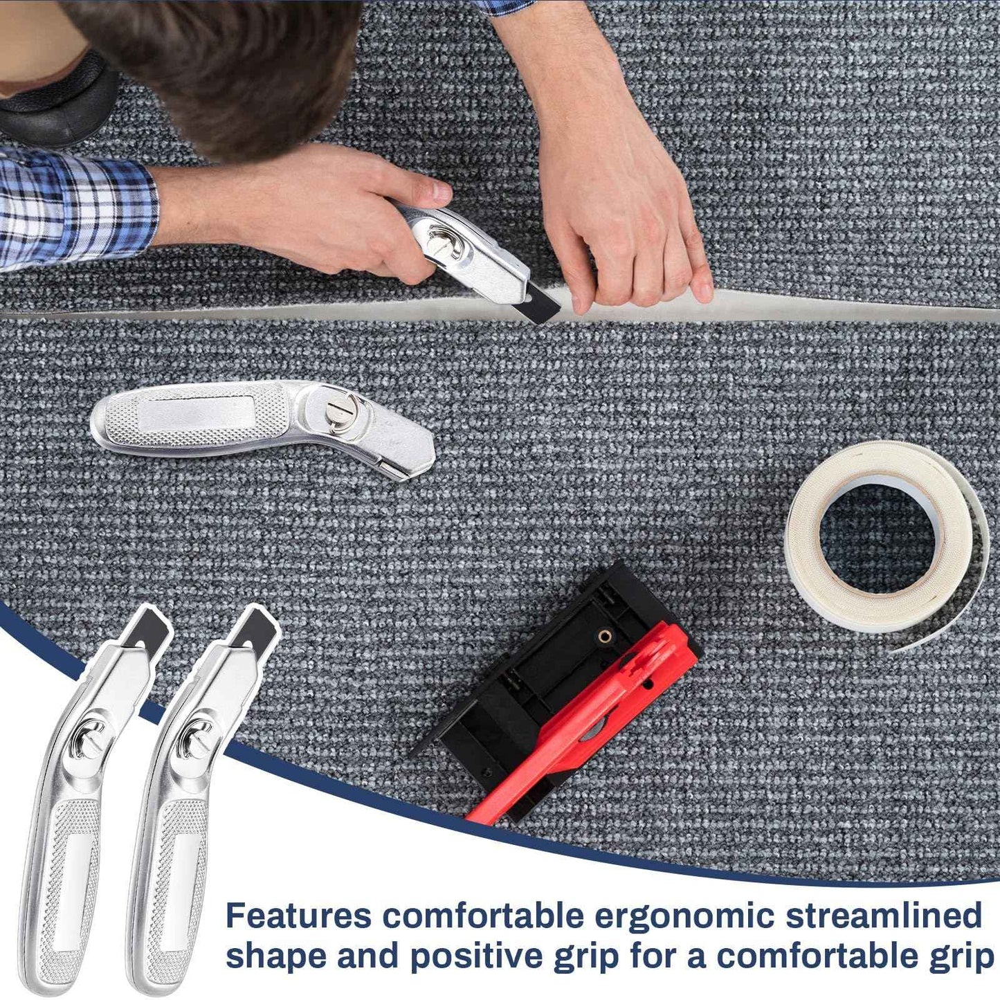 Lasnten 2 Pieces 6 Blades Knife for Cutting Carpet Heavy Duty Carpet Knife with 6 Blades Utility Tools for Box Cutter Roofing Purpose, Aluminum (Silver)