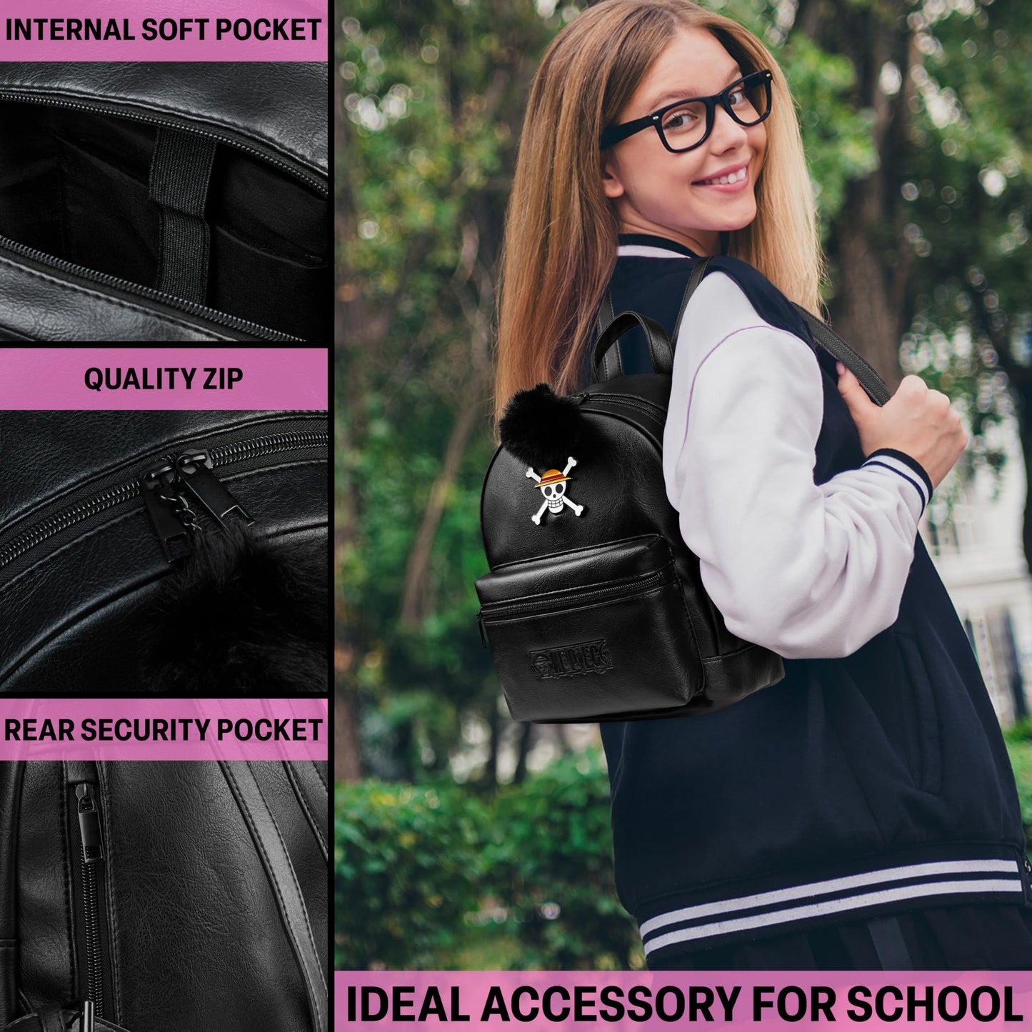 One Piece Mini Backpack for Women Teens Faux Leather Daypack, Small Rucksack, Anime Shoulder Bag with Pom Pom, Travel Gifts for Women
