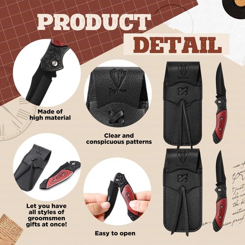 Abbylike 6 Set Groomsmen Gifts Personalized Groomsmen Pocket Knife with Leather Sheaths Mini Folding Knives Proposal Gifts for Wedding Party Favors(Elegant,Red)
