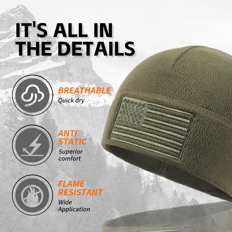 OUTDOOR SHAPING American Flag Fleece Watch Cap, All Season Army Military Tactical Beanie, Winter Warm Hat 2 Pack Black+Army Olive