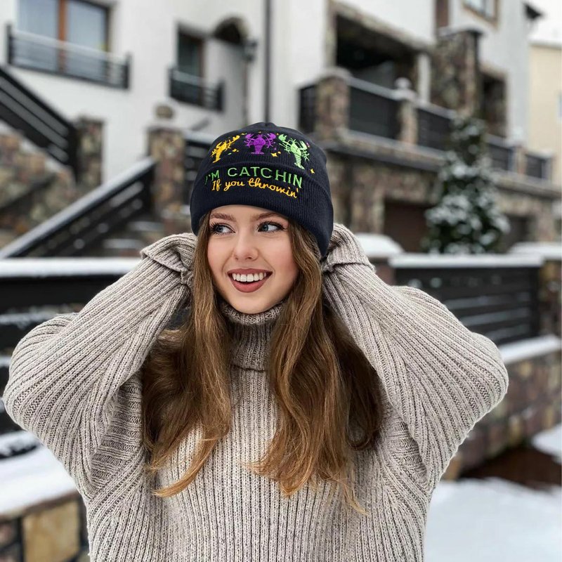 Wpnchsdc Beanie for Men Women, One Size Super Elastic Soft Warm Knit Cuffed Hat, Embroidery Mardi Gras Beanies