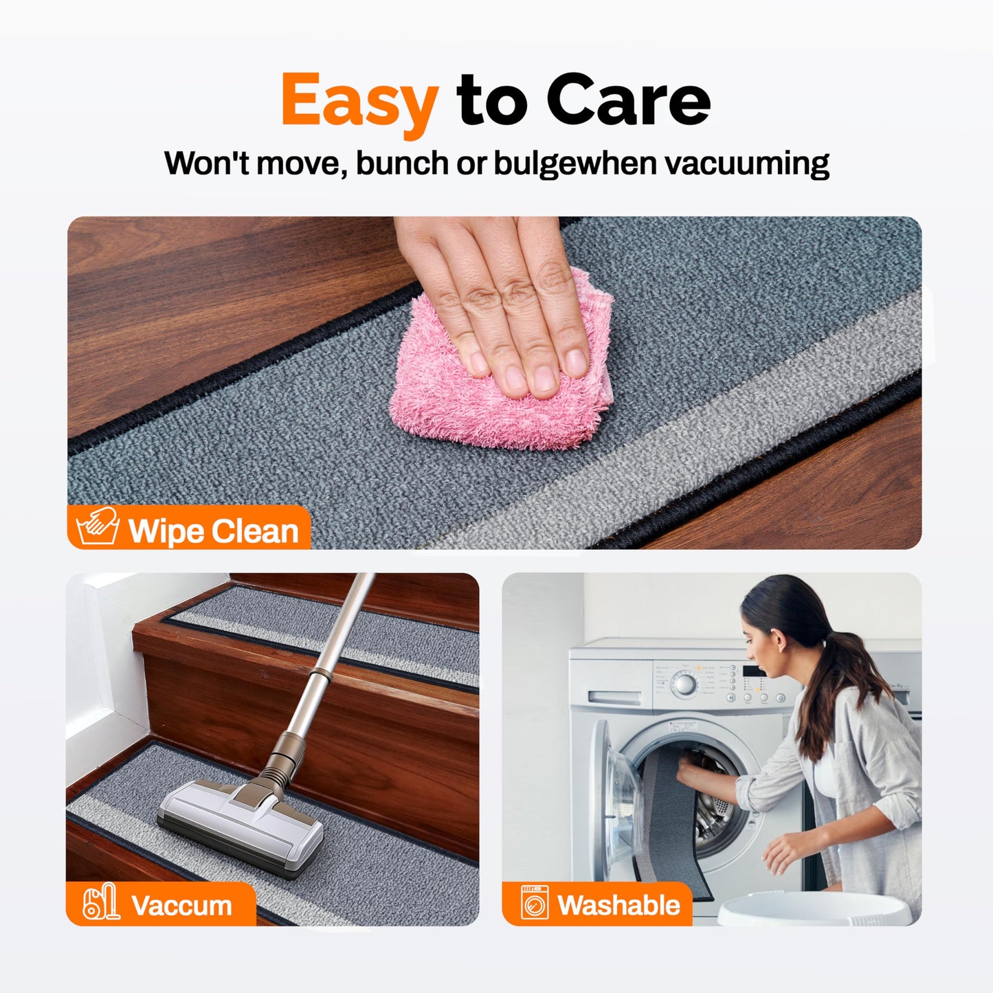 J JIMOO Stair Treads Non Slip for Wooden Steps, 15 PCS 8" X 30" Stair Carpet Runner Indoor with Extra Adhesive, Edging Staircase Rugs for Kids Pets Elders, Gray