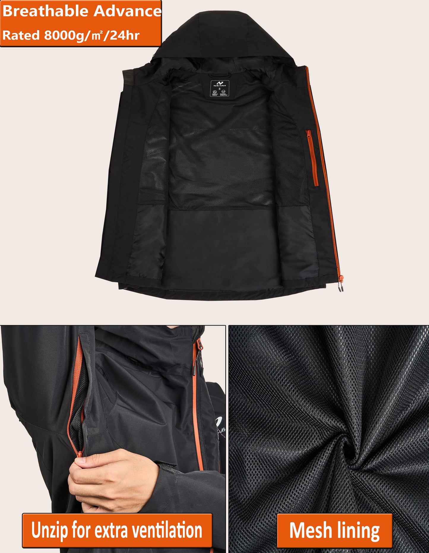 NORDIC OUTLAND Mens Rain Jacket with Mesh Lining,Waterproof Breathable Raincoat,Hooded Windbreaker for Outdoor (Large, Black)