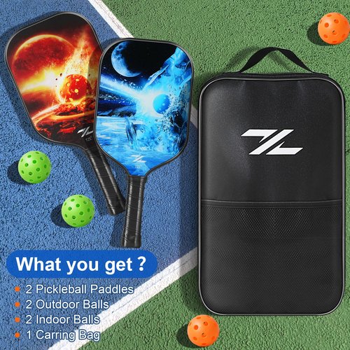 Pickleball Paddles,Pickleball Paddle Set with 2 Premium Fiberglass Paddles, 4 Pickleball Balls & Carry Bag, Durable Pickleball Racket Set for Men, Women & Kids (Ice and Fire)