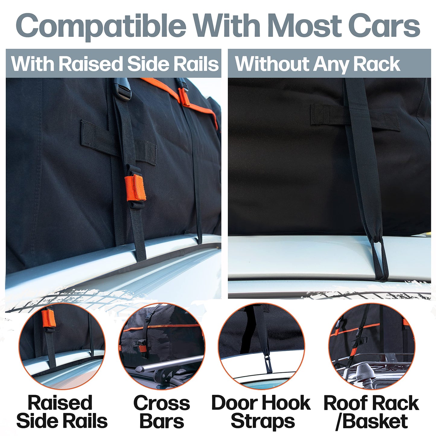 RoofPax Car Rooftop Cargo Carrier Bag Waterproof Storage - Including Double Zippers15 cft. with Heavy-Duty Tie-Down Straps fit Cars with/Without Roof Top Rack or Side Rails.
