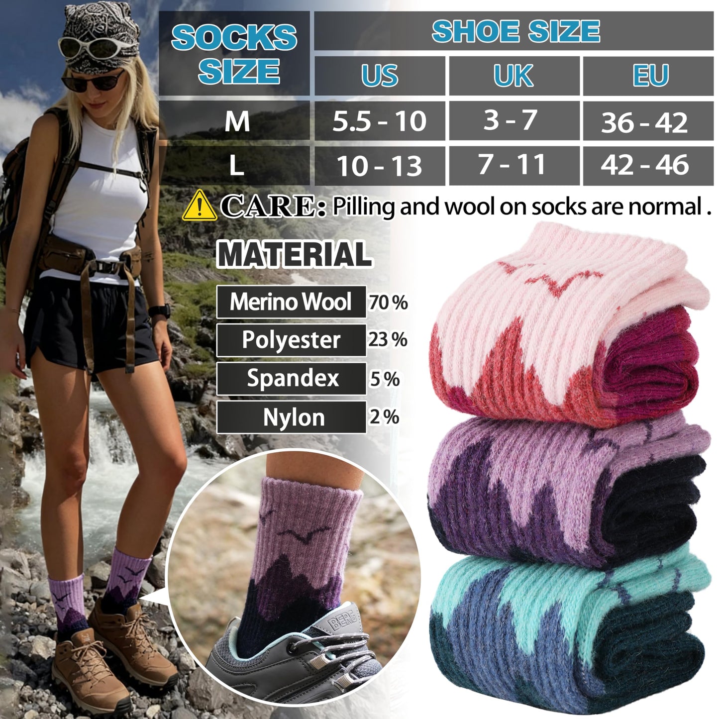 EBMORE Womens Merino Wool Hiking Socks Thermal Warm Winter Boot Crew Cushion Work Gift Socks 5 Pairs(Dark Gray/Black/Rose Red,L)