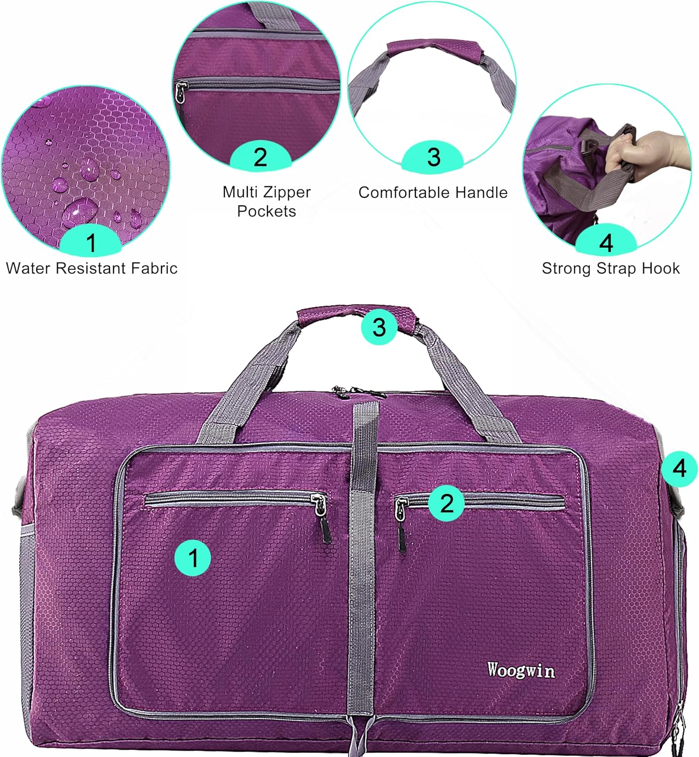 Woogwin Travel Duffel Bag - Large Waterproof & Foldable Overnight Bag for Gym, Beach, and Sports