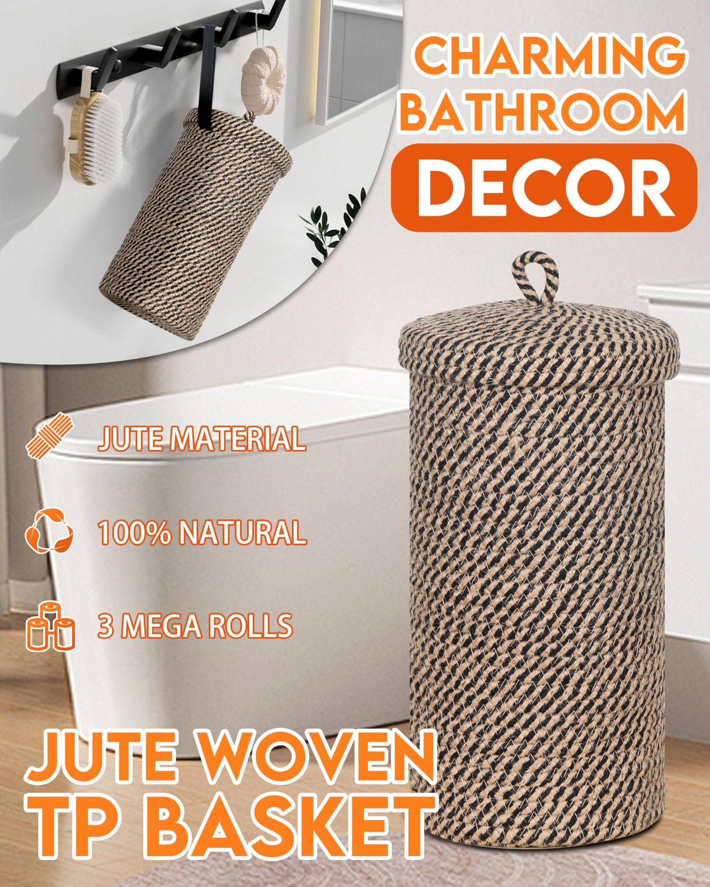 ZOES HOMEWARE Jute Toilet Paper Storage Basket with Lid,Bathroom Toilet Paper Holder Stand for 3 Mega Rolls,Tissue Holder for Bathroom with Removable Waterproof Insert, 7"x7"x13.5"
