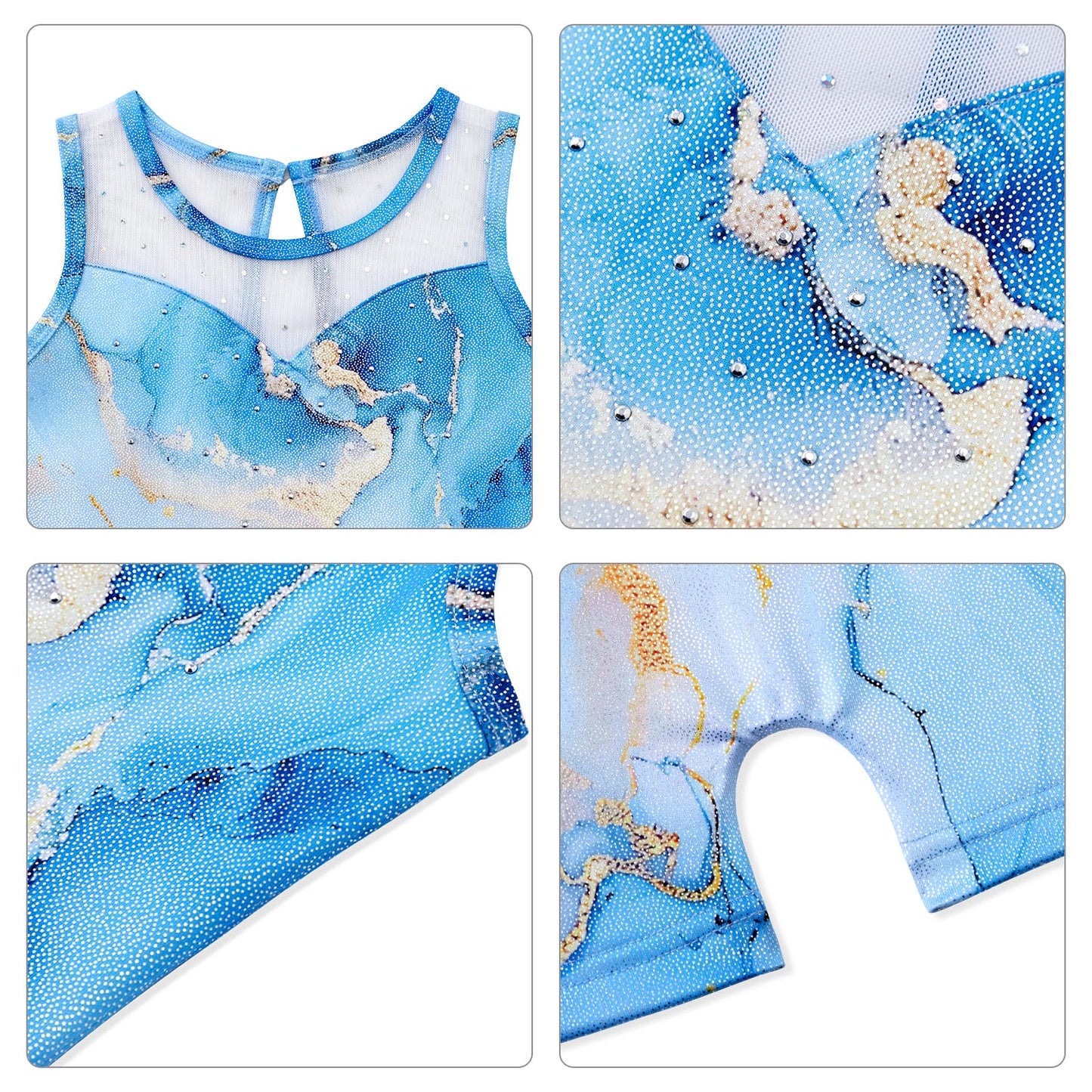HOZIY Girls Gymnastics Leotards Size 7-8 Years Diamond Falling Rhinestone Blue Marble White Spliced Tumbling Outfits Biketard Practice Ropa De Niña Para Gimnasia Suit