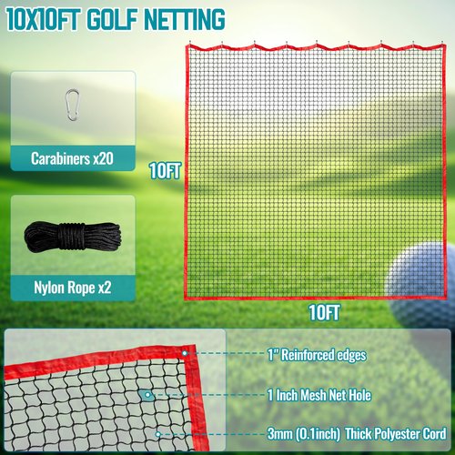 10FT Golf Practice Net - High Impact Outdoor Golf Hitting Net with Nylon Rope & Carabiners, Durable Sports Netting for Baseball, Soccer, Hockey, Lacrosse, Backyard Home Multi-Sport Driving Training