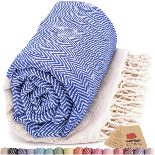 Bazaar Anatolia Beach Towel, 100% Cotton, 71x39 in, Herringbone Dark Blue