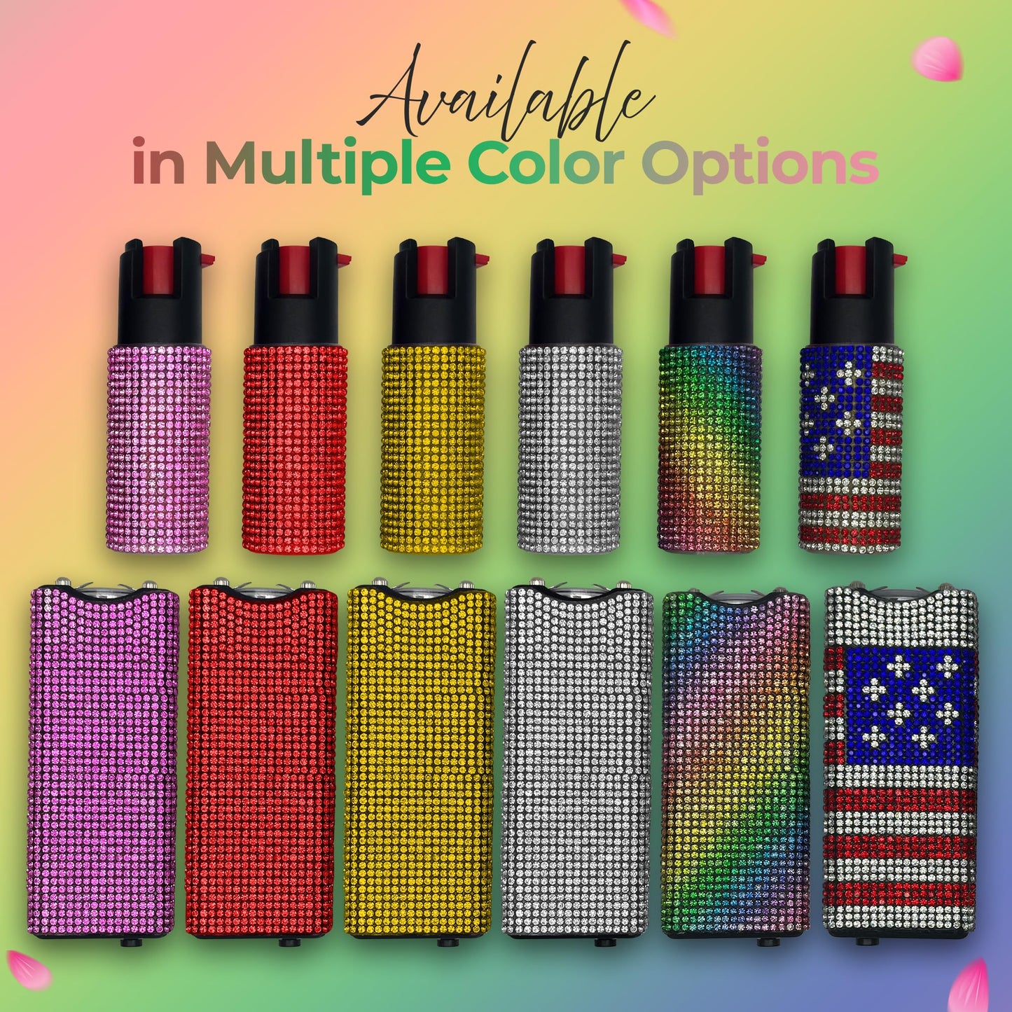 FURY Gem Stone Pepper Spray Stun Gun Combo - Stylish Multi-Color, 12ft Range, UV Dye Identifier, Flashlight, Rechargeable, Self-Defense Kit, Personal Safety, (Rainbow)