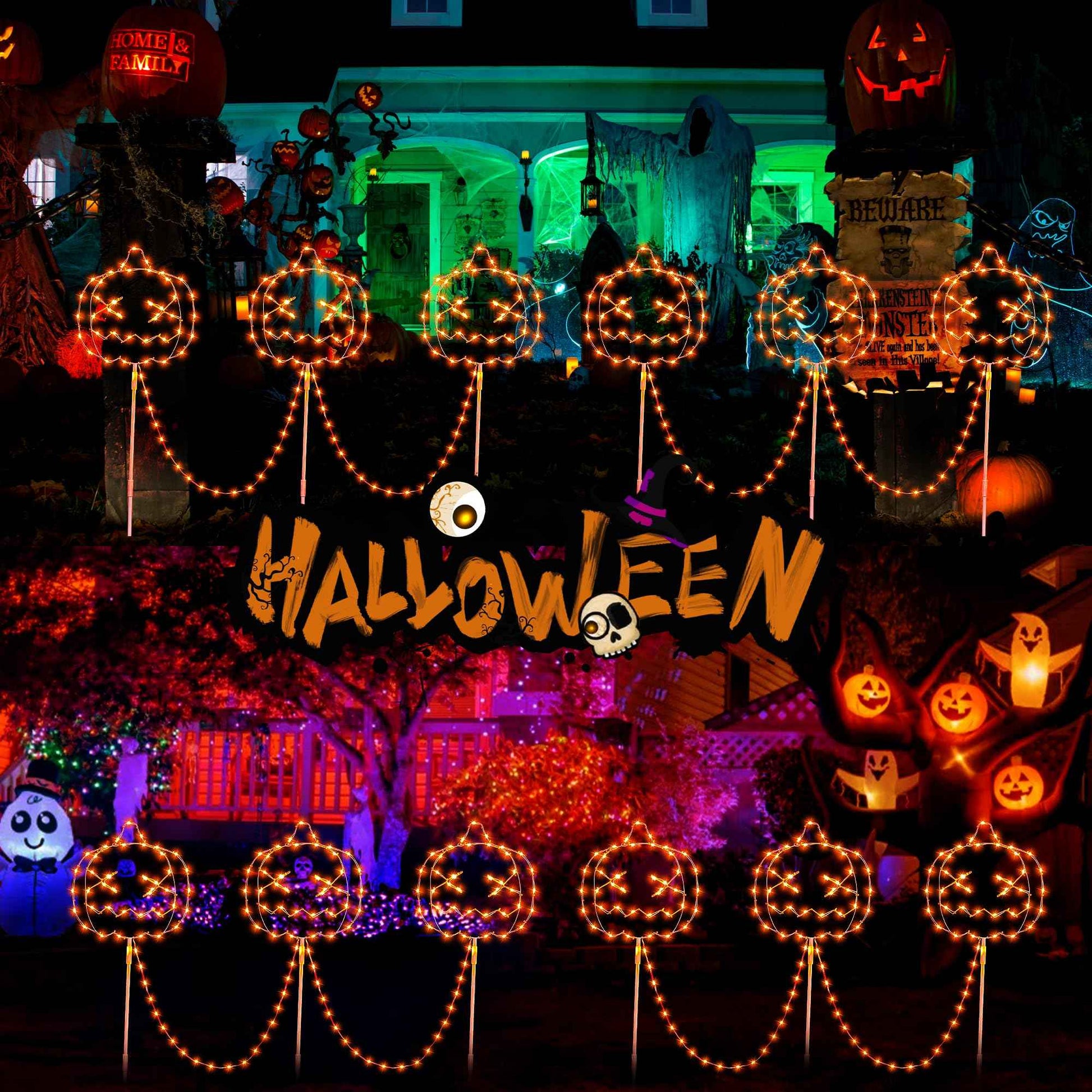 Woohaha Halloween Pumpkin Pathway Lights,163 LED Plug in Garden Outdoor Decorations，Waterproof String Lights with 3 Pumpkin Stakes Light for Garden Walkway Yard Driveway Lawn Party Decor（Orange）