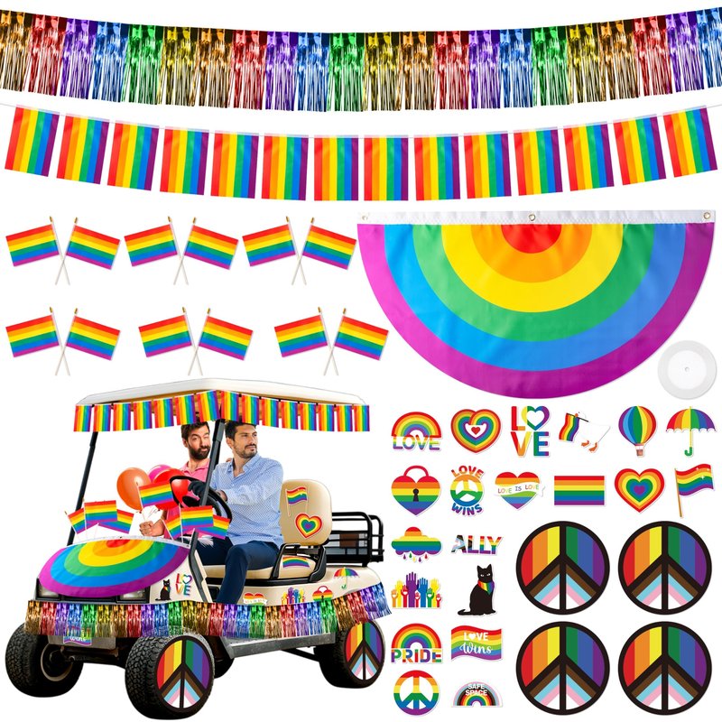 R HORSE LGBT Golf Cart Decoration Kit - 40Pcs Gay Pride Rainbow Parade Golf Cart Decor with Pleated Fan Flag, Tassel, Banner, Flags and Stickers for LGBT Pride Month Rainbow Festival Parade Events