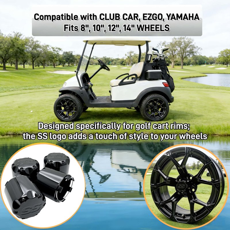 WUKO HUNT Golf Cart SS Wheel Center Cap Cover, ITP Push in Style Wheel Hub Caps Dust Cover for EZGO Club Car Yamaha and Other Models 8,10,12,14 inch Wheel,4 PCS(Gloss Black with Black SS)