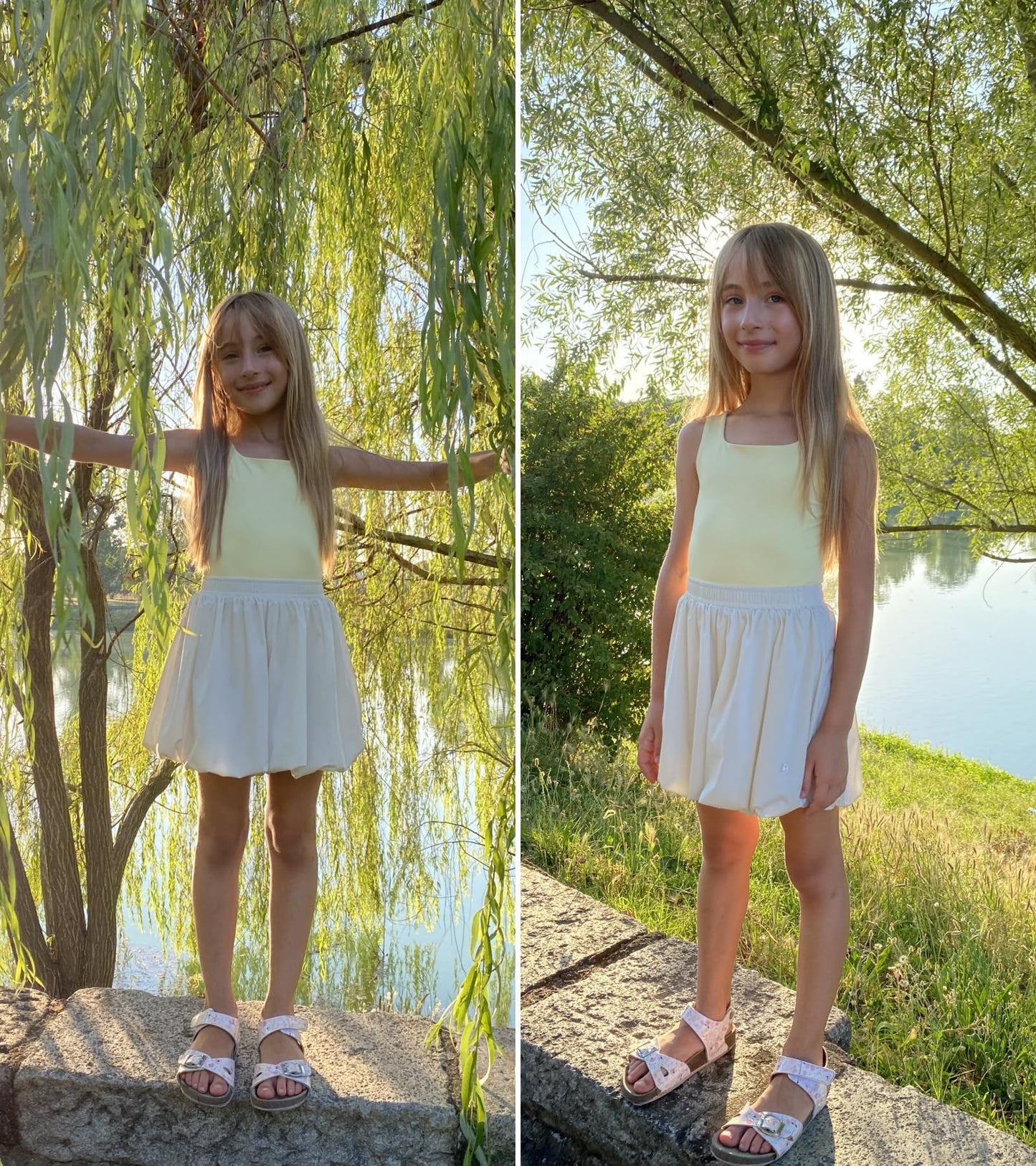 Rolanko Girls Flowy Bloomer Shorts Elastic Waist Puff Balloon Bubble Shorts for Kids Rinning Sports Beach Dancing Summer(Beige,10-11Y)