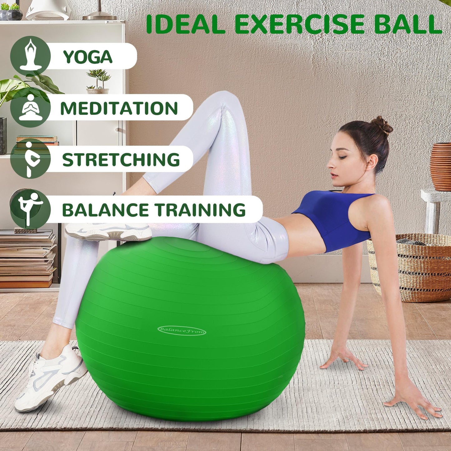Fitvids Anti-Burst and Slip Resistant Exercise Ball Yoga Ball Fitness Ball Birthing Ball with Quick Pump, 2,000-Pound Capacity, Green, 26-inch, L