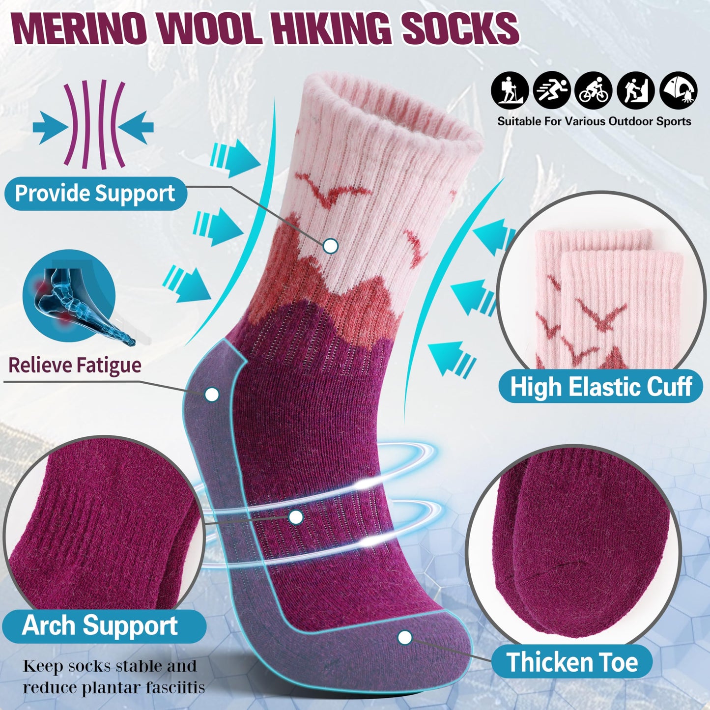 EBMORE Womens Merino Wool Hiking Socks Thermal Warm Winter Boot Crew Cushion Work Gift Socks 5 Pairs(Dark Gray/Black/Rose Red,L)