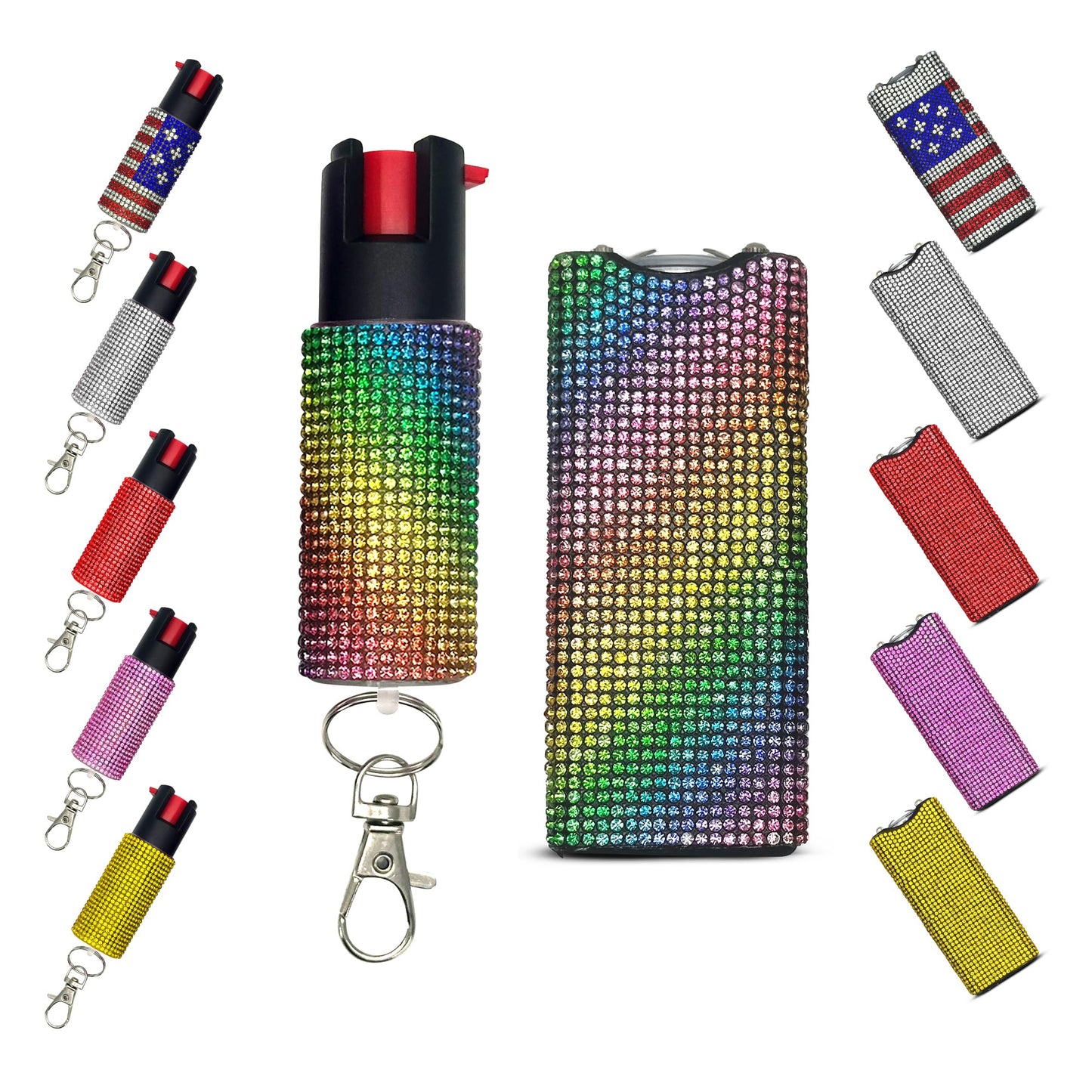 FURY Gem Stone Pepper Spray Stun Gun Combo - Stylish Multi-Color, 12ft Range, UV Dye Identifier, Flashlight, Rechargeable, Self-Defense Kit, Personal Safety, (Rainbow)