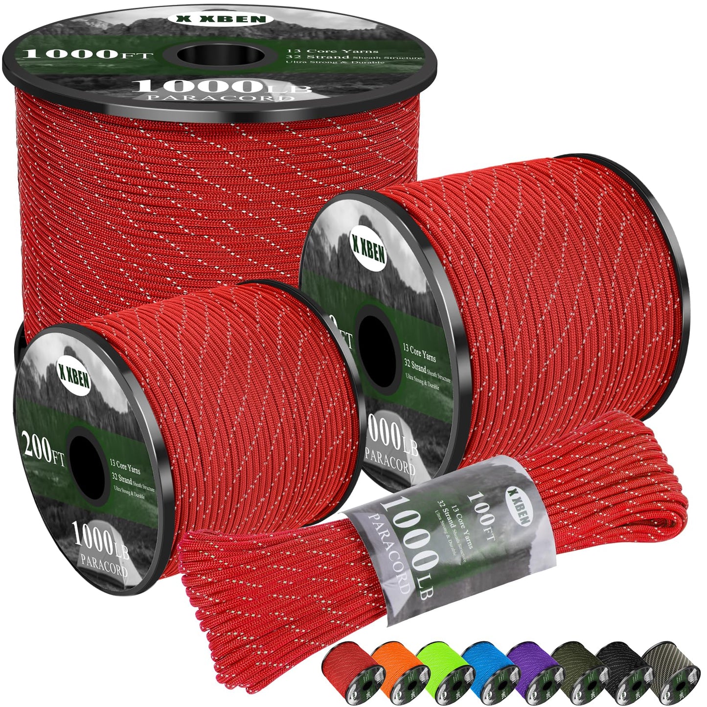 X XBEN Paracord Reflective 1000lb, 50/100/200/500/1000ft 4mm, 13 Strand Parachute Spool Cord, Heavy Duty Paracord Rope for Camping, Fishing, Hiking, Hunting, DIY Crafts, Red