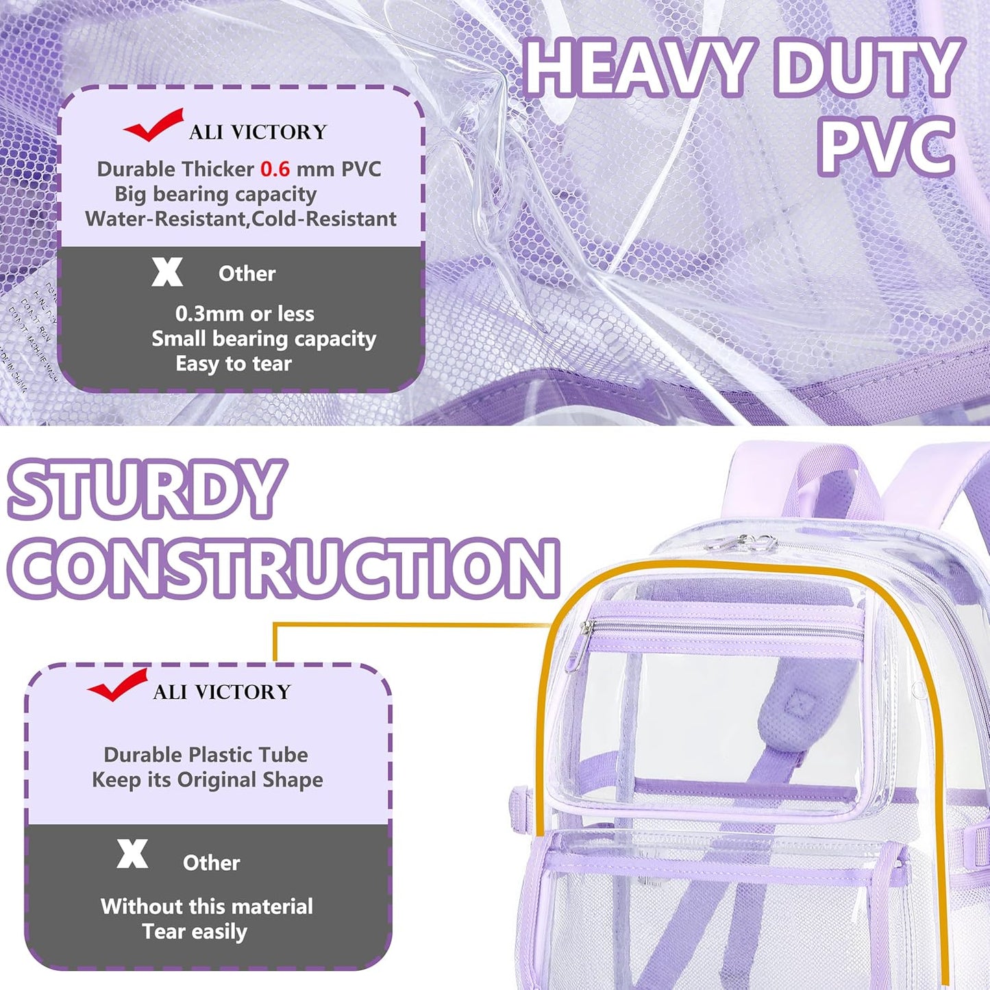 Skiennix Large Clear Backpack - Heavy Duty PVC Transparent Design for 16-Inch Laptops | Purple