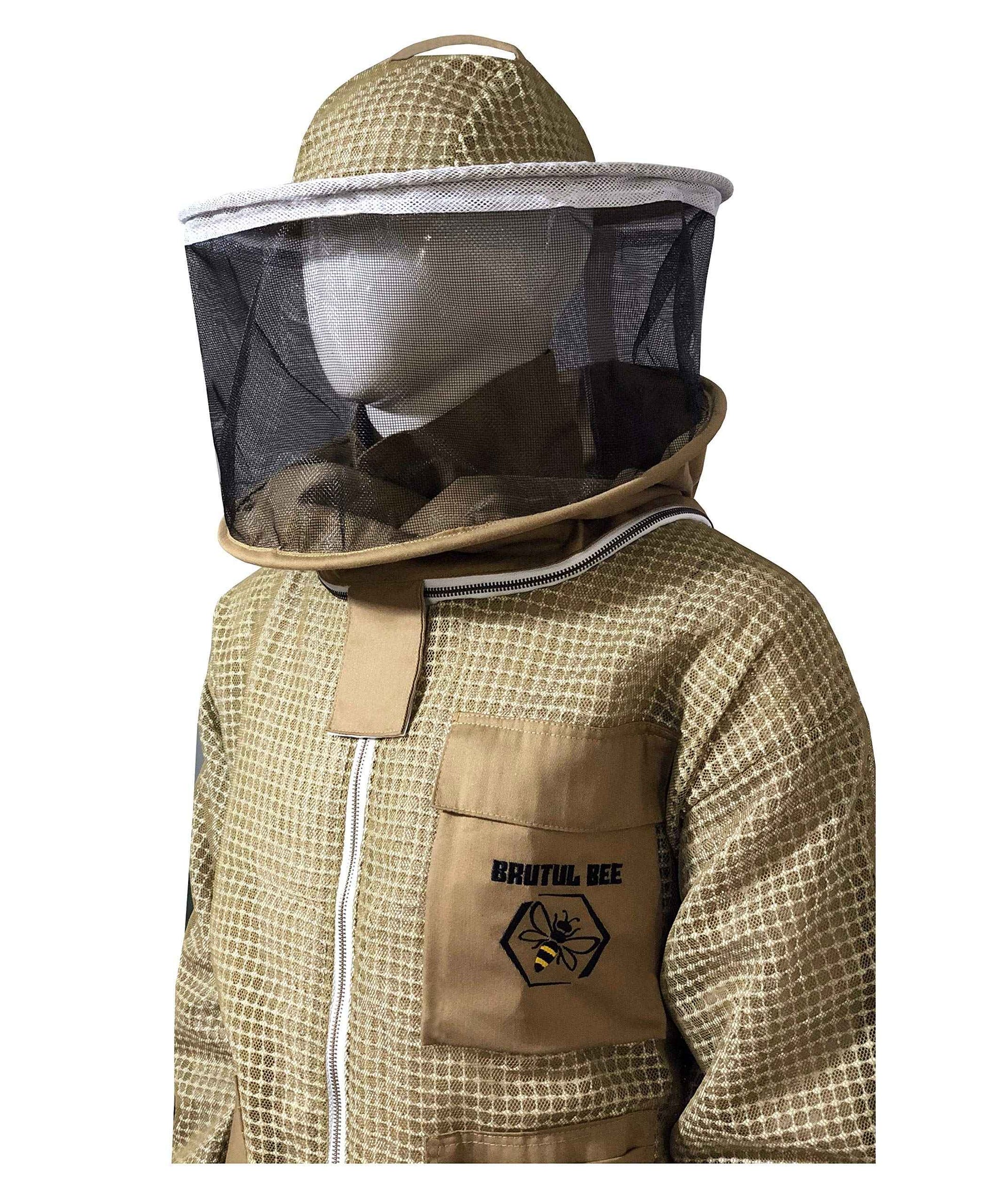 Brutul Bee 3 Layer Beekeeping Ultralight Ventilated Jacket with Round Veil (2XL, Khaki)