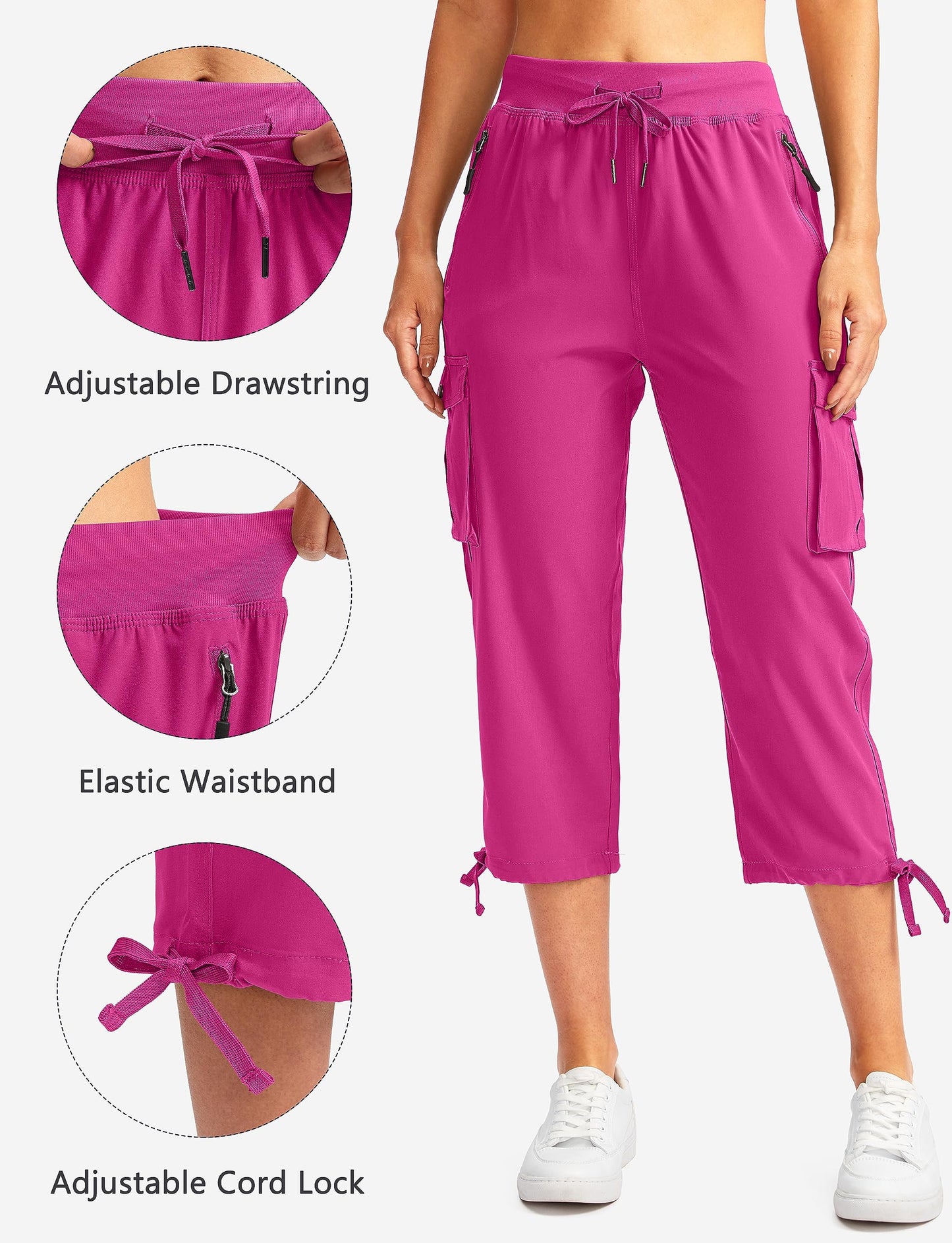Soothfeel Women's Cargo Capris Pants with 6 Pockets Lightweight Quick Dry Travel Hiking Summer Pants for Women Casual (Rose, L)