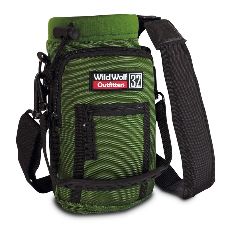 Water Bottle Holder for 32oz Bottles by Wild Wolf Outfitters - Green - Carry, Protect and Insulate Your Best Flask with This Military Grade Carrier w/ 2 Pockets & an Adjustable Padded Shoulder Strap
