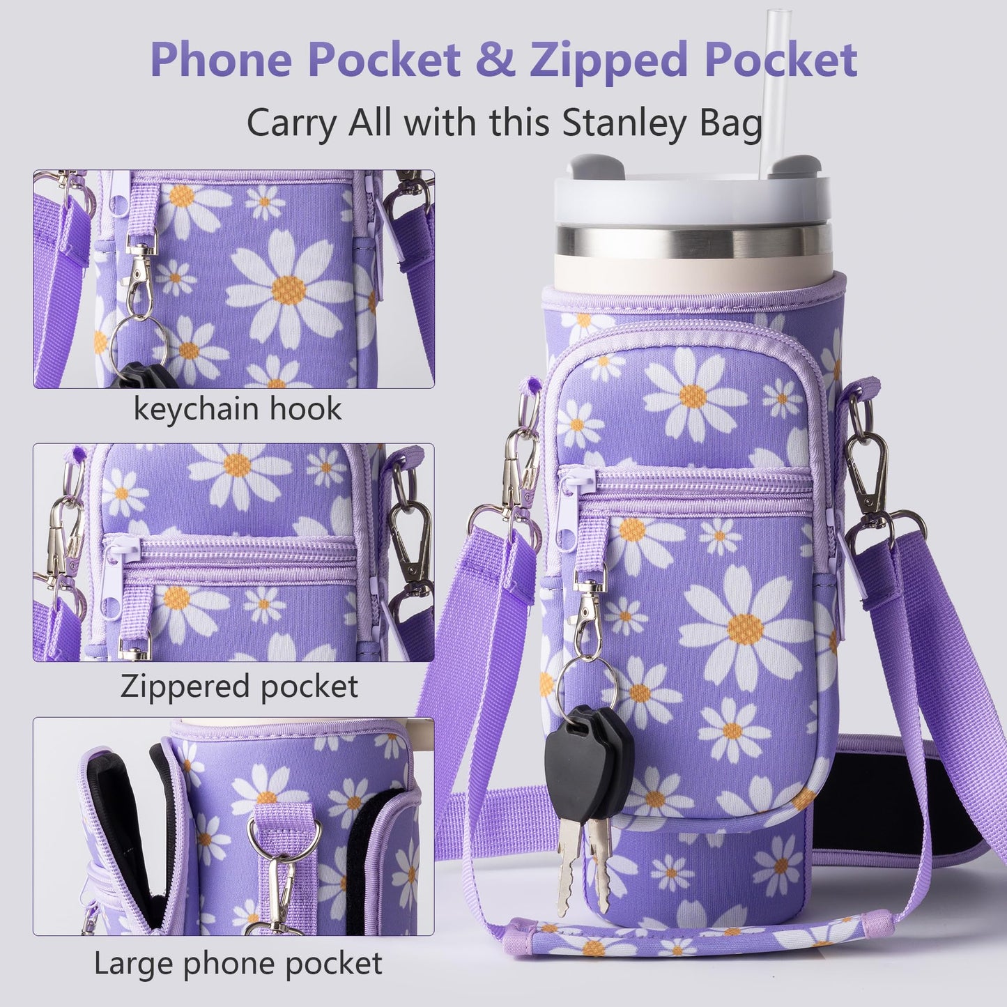 Water Bottle Carrier Bag,Water Bottle Holder with Straps Phone Pockets Fits Stanley Cup 40oz Tumbler (Purple Daisy-40oz)