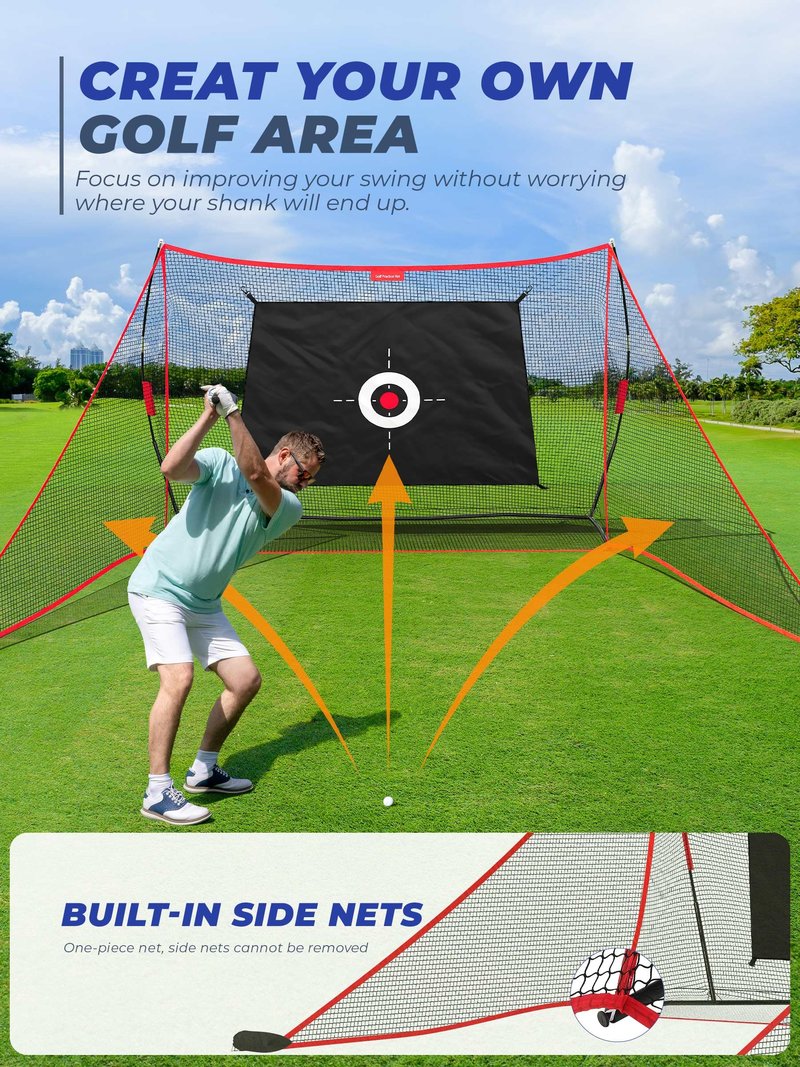 Sturdum 10x7ft Golf Hitting Net with Built in Side Barriers, Heavy Duty Practice Net for Driving Swing Chipping Home Simulator Training, Portable Training Aid with Carry Bag