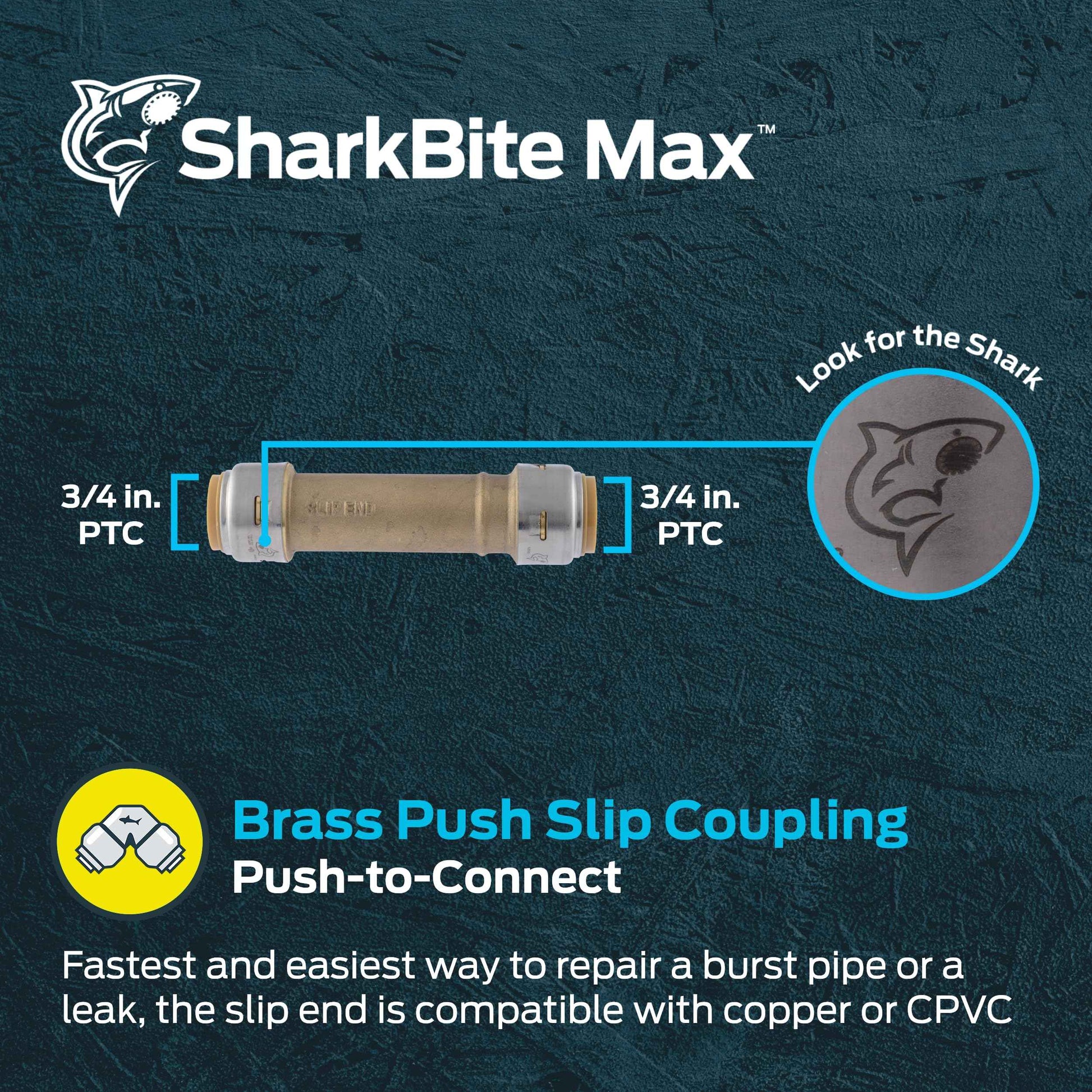 SharkBite Max 3/4 Inch Slip Coupling, Push to Connect Brass Plumbing Fitting, PEX Pipe, Copper, CPVC, PE-RT, HDPE, UR3016A