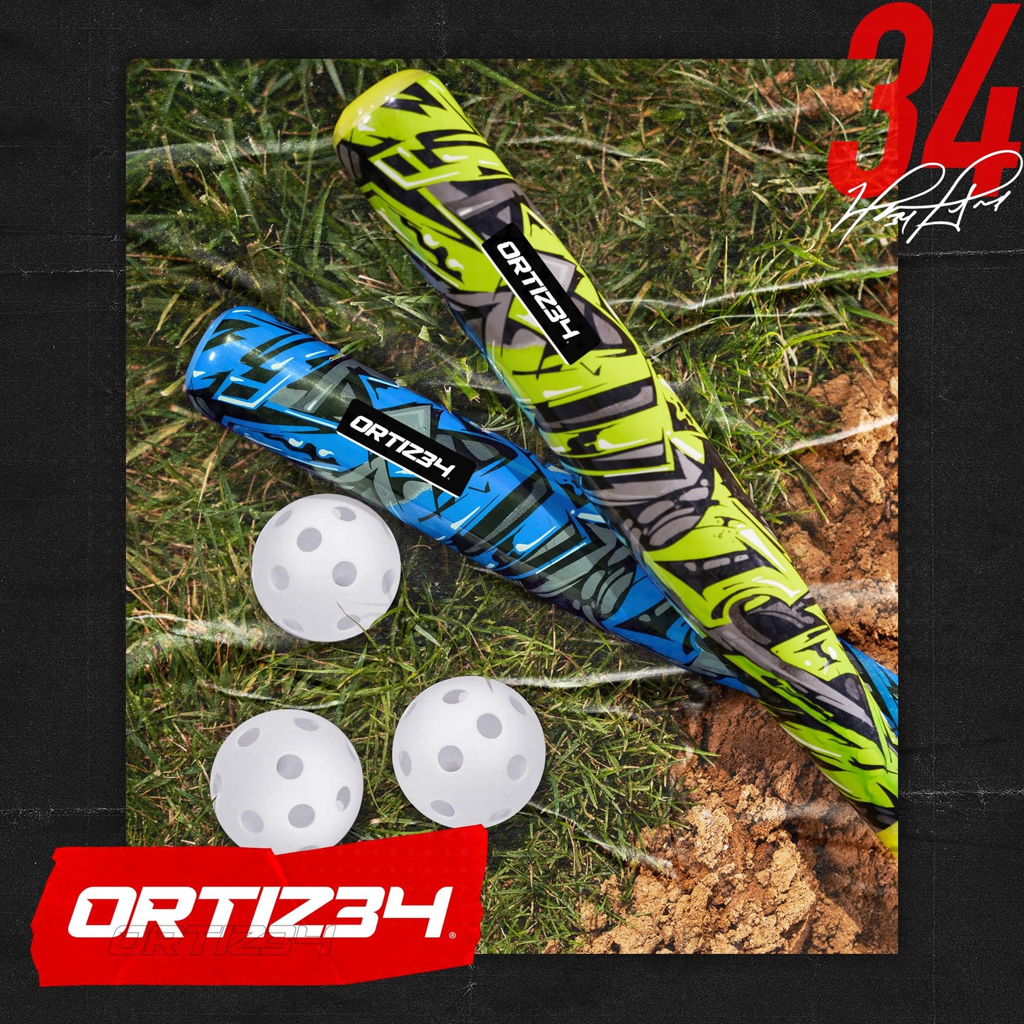 Ortiz34 Bat & Ball Set - Graffiti Plastic Bat & Ball Homerun Set- David Ortiz Backyard Baseball Set for Youth, Kids, Teenagers, Adults (2 Pack Bat & Ball Set, Blue/Volt)