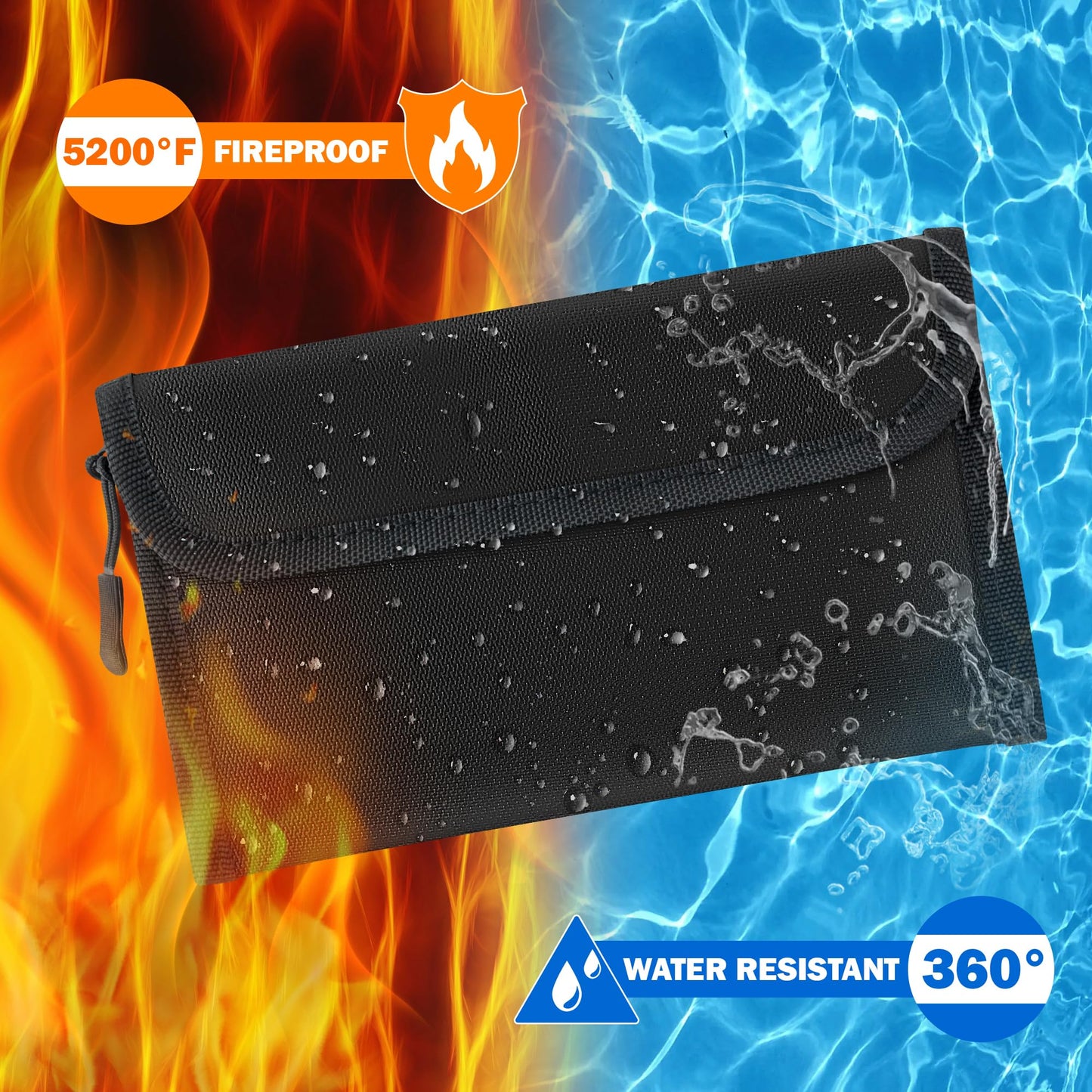 GQIRIL Fireproof Waterproof Document Bag - 5200°F Water Resistant Fire Proof Money Bag, 3 Layers of Heat Insulated Storage with Zipper, 7.9"x5" Portable Files Safe Pouch for Cash Passport (Black)