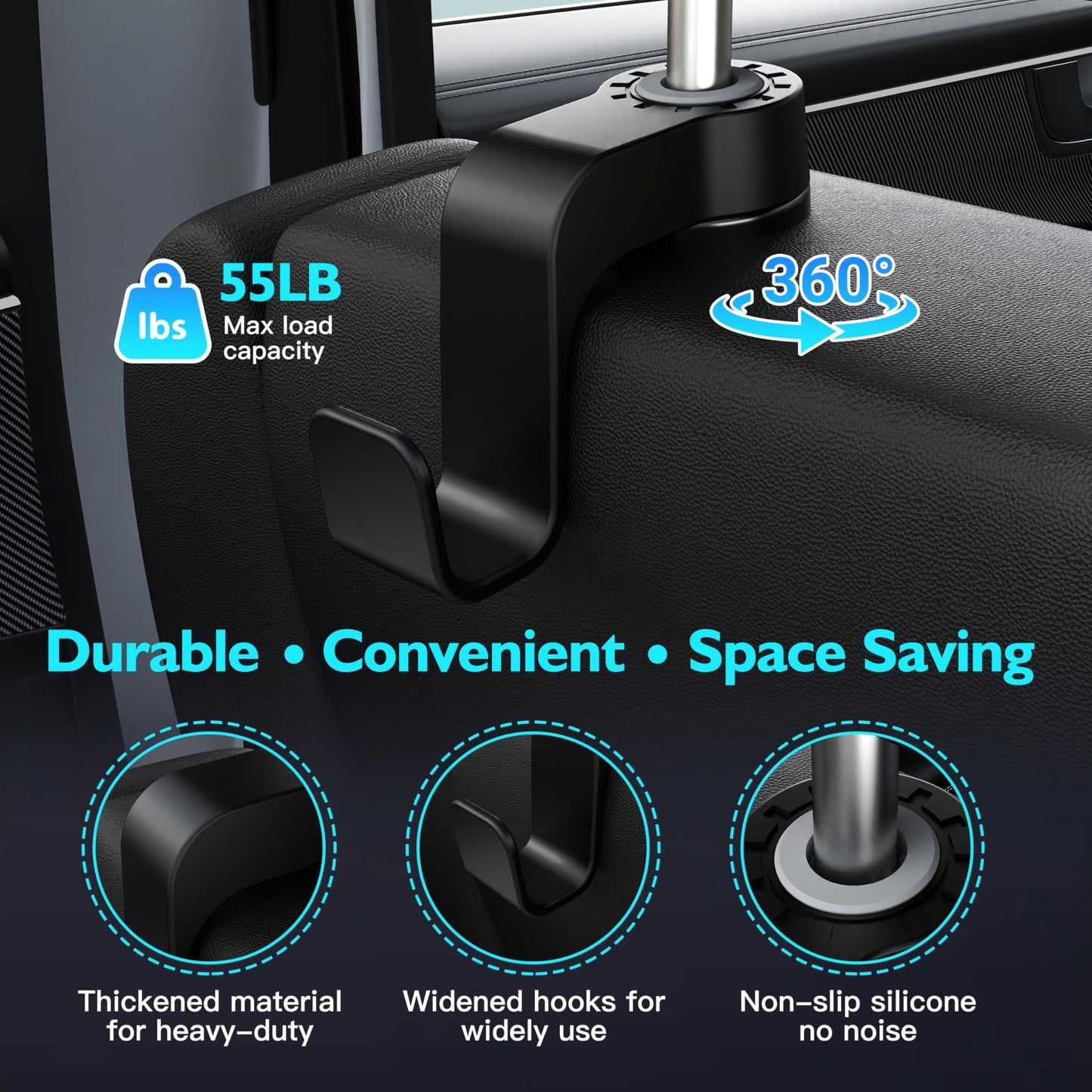 Amooca Car Seat Hooks Anti-Drop Headrest Storage Hanger Universal Fit Automotive Organizer for Purse Bag Coat Black 2 Pack