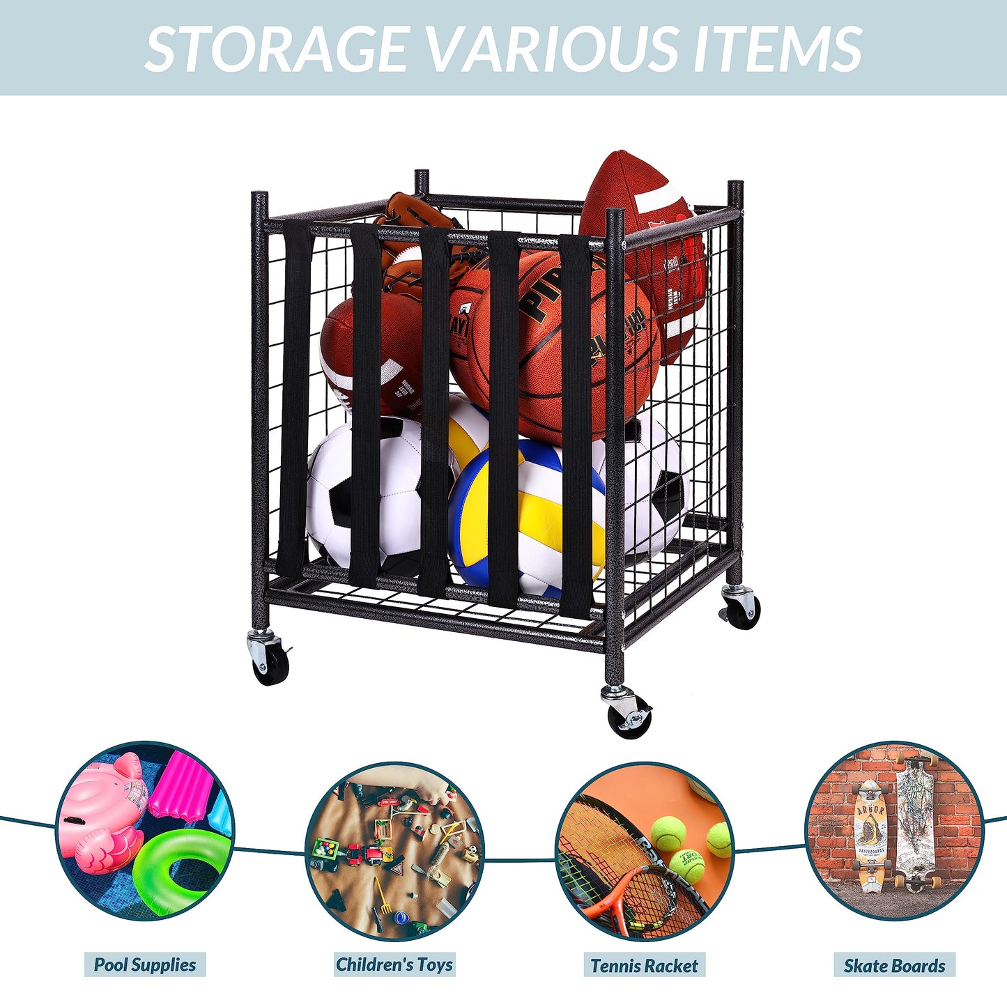 Fitvids Sports Equipment Organizer – Ball Storage Cart with Baskets and Hooks – Organizer with Straps – Black