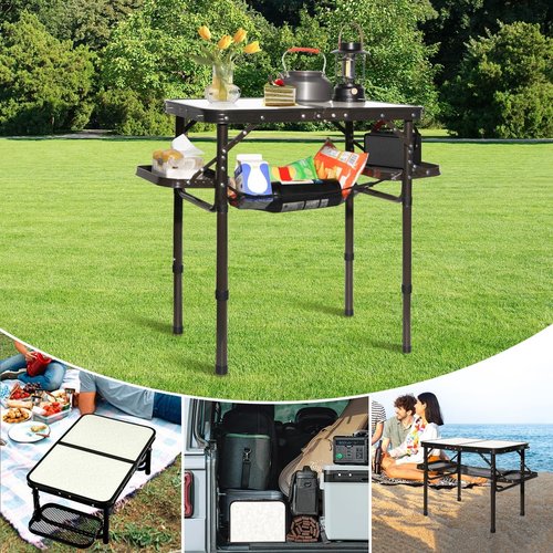koldan Folding Camping Table Outdoor Indoor Picnic BBQ Aluminum Lightweight Tall Camping Table 3-Height Adjustable 25in Max 50 Extra Space with Carry Handle & Mesh Pocket Small Foldable Table