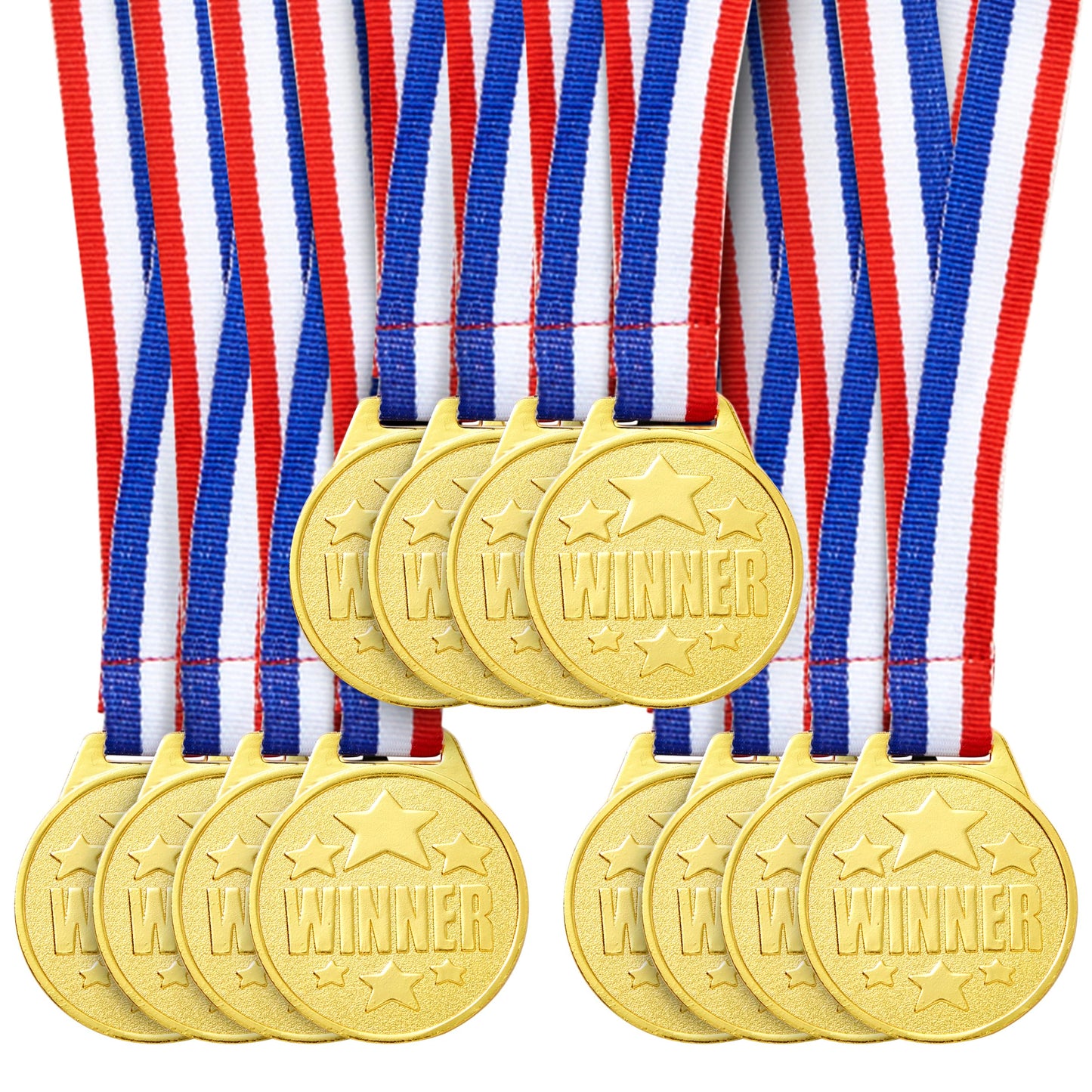 Juvale Medals for Awards & Trophies - Award Ribbons & Prizes for Adults - 12 Pack, 1.5-Inch Gold Olympic Style with Red, White & Blue Neck Ribbons - Participation & Winner Medals for Kids