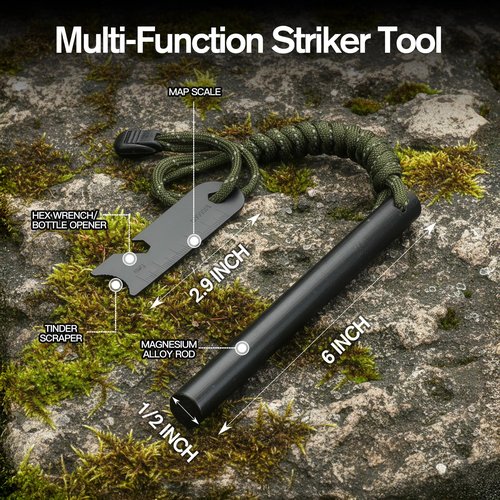 Daco Min 6" x 1/2" Drilled Ferro Rod Fire Starter Kit - Large Ferrocerium Flint and Steel, Multitool Striker & 3-in-1 Survival Whistle (with Compass, Thermometer)-Emergency Gear for Camping, Bushcraft