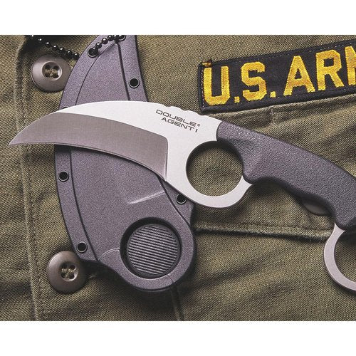Cold Steel Double Agent Durable Lightweight Japanese AUS8A Steel Karambit Shape 3" Fixed Blade Tactical Outdoor Hunting Knife, Kray-Ex Handle, Secure-Ex Sheath - Plain Edge