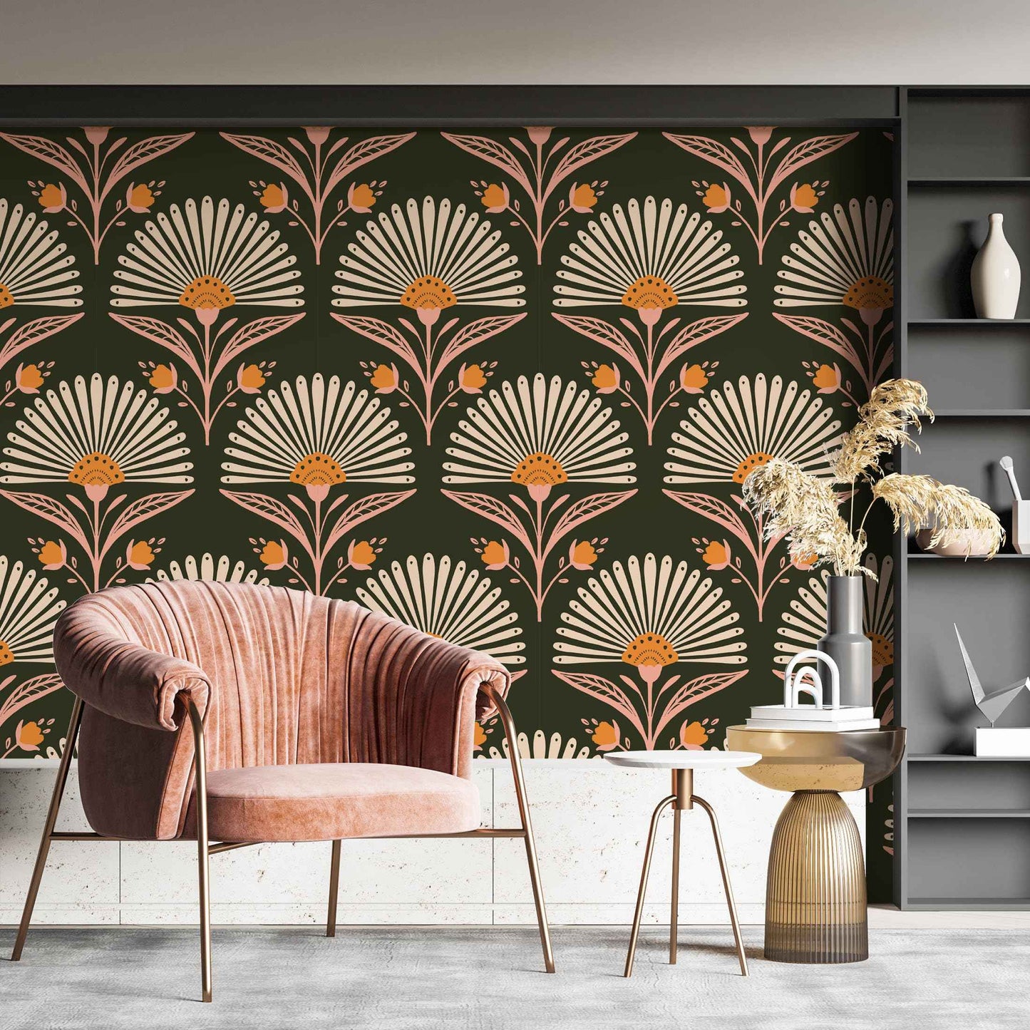 Peel and Stick Wallpaper -Blooming Fan Shaped Floral Wallpaper, Removable Contact Paper in Black Modern Design for Bathroom, Bedroom, Living Room Laundry Decor 17.7”×118”