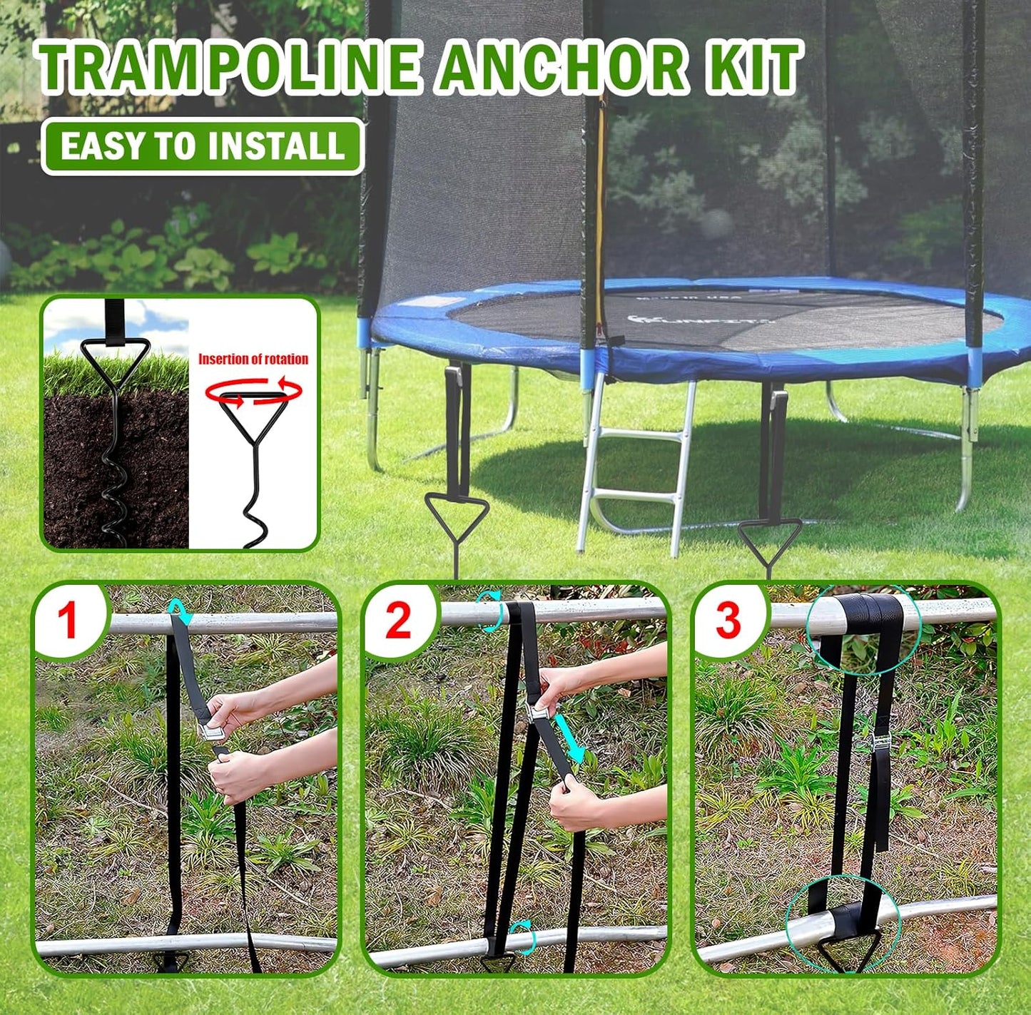 Trampoline Tie Down Anchor Kit by [Brand Name] - Heavy Duty Steel Stakes for High Wind | Set of 4