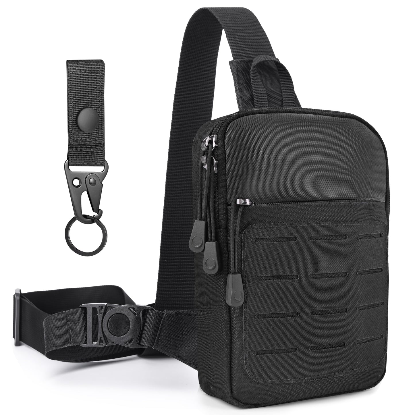 MOZETO Small Cross Body Bag, Mens Tactical Mini Sling YKK Zipper MOLLE Chest Bag Phone Holder Utility Chest Side Pack with 270° Buckle & Keychain