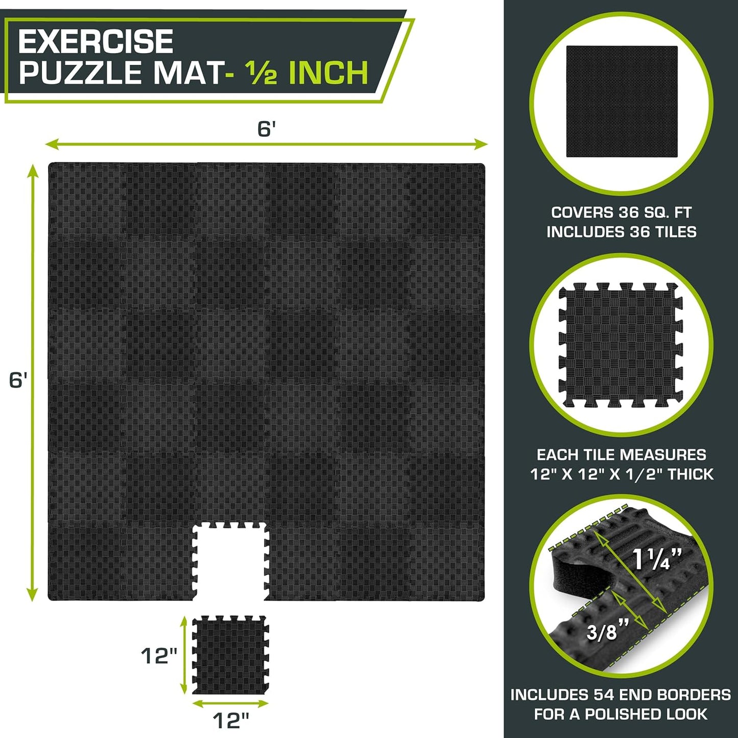 ProsourceFit Exercise Puzzle Mat - Non-Slip EVA Foam Tiles for Gym | ½-Inch Thick, 36 SQ FT, Black