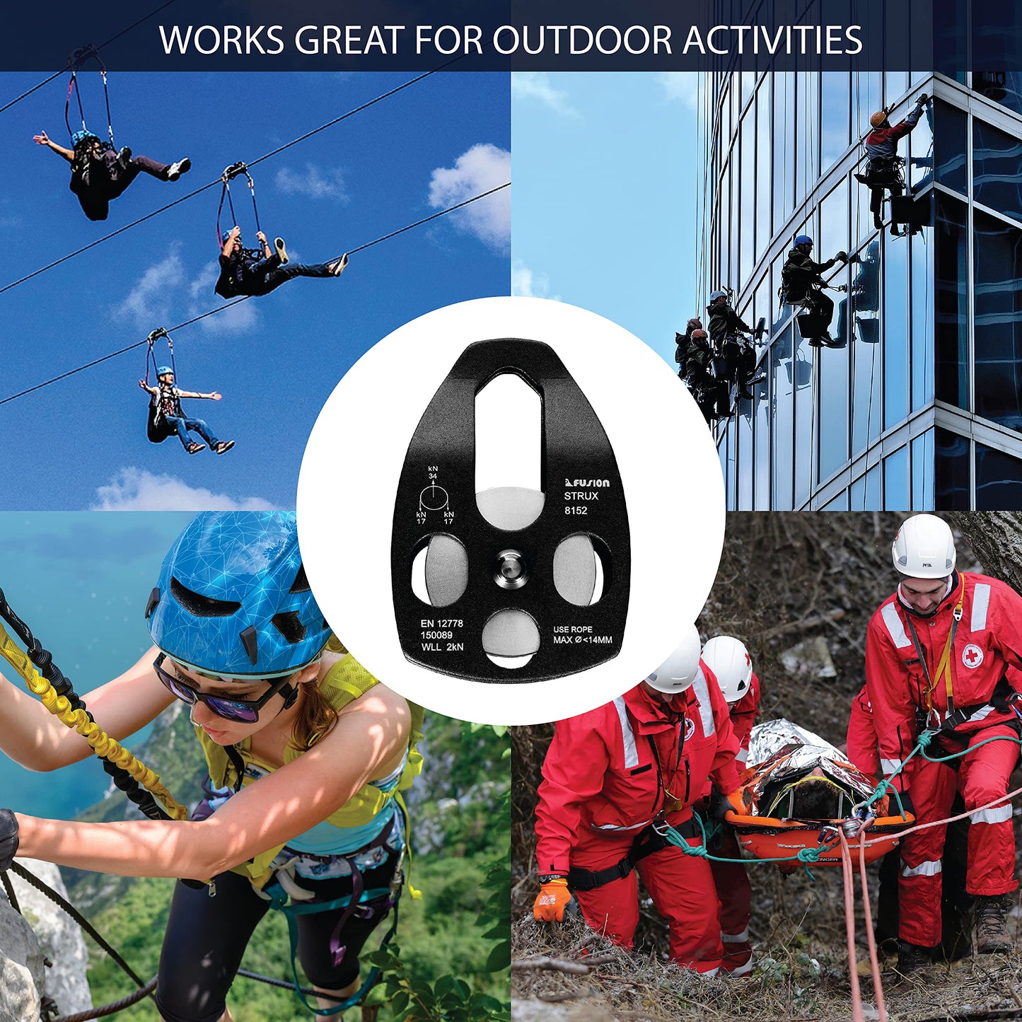 Fusion Climb Strux Pulley High Strength Aero Space Aluminum Alloy, Side Swing, Single Pulley, Smooth Rotation, Ideal for Multiple Anchors - 34kN MBS, TAA Approved