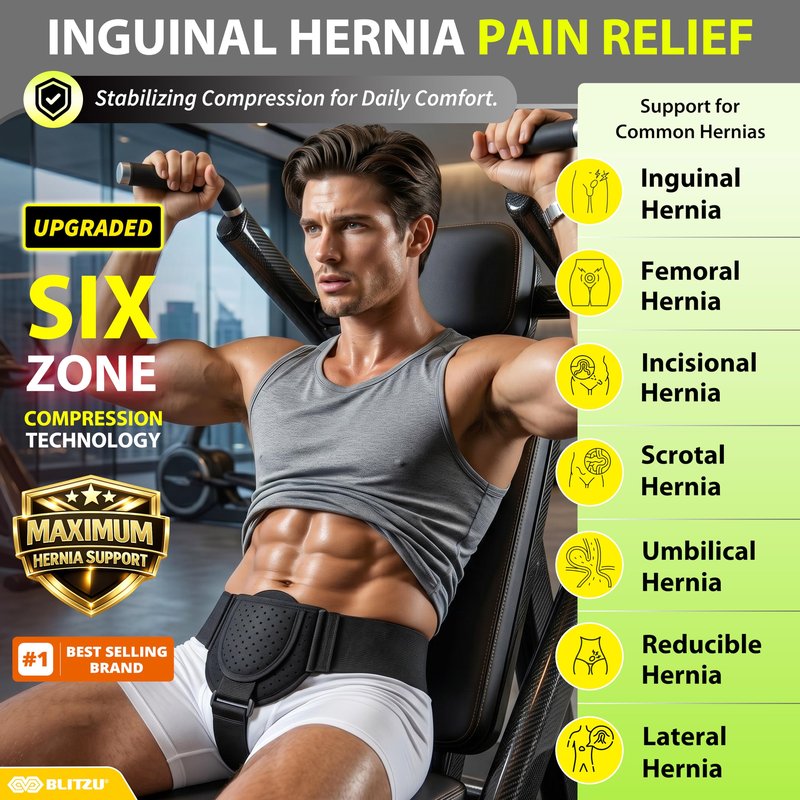 BLITZU Inguinal Hernia Support Belt for Men & Women, Adjustable Left or Right Side Hernia Truss with Removable Compression Pad, Slim Groin Support Belt for Everyday Wear Black S-M