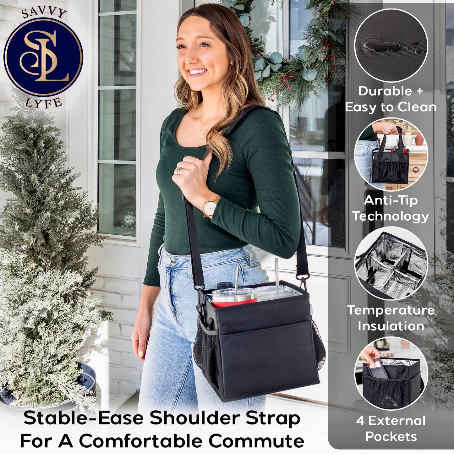 Savvy Lyfe Reusable Drink Carrier with Handle – Tip-Resistant 4 Cup Carrier with Shoulder Strap for Delivery – Insulated, Foldable, Adjustable Dividers – Portable Caddy Tote Bag, Drink Holder for Car