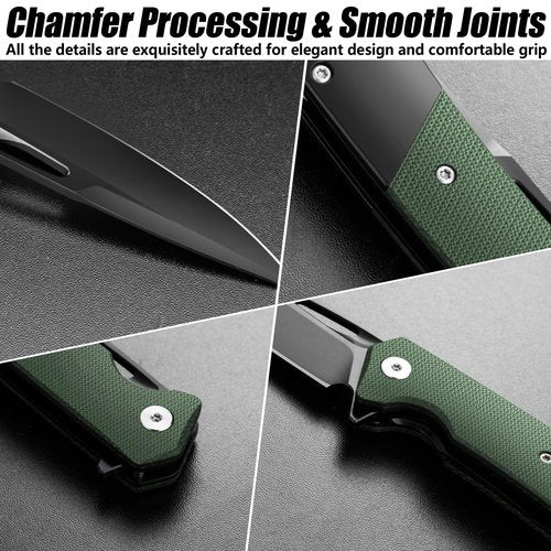 FLISSA Folding Pocket Knife, SANDVIK 14C28N Blade Knife with Micarta-Steel Handle, Pocket Clip and Thumb Hole for EDC Camping Hiking Outdoor