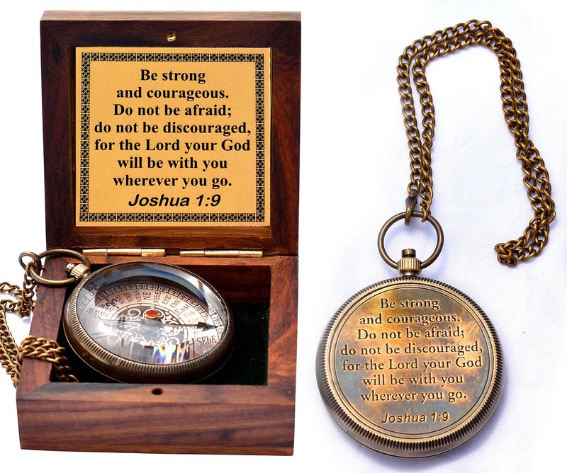 Be Strong and Courageous- Joshua 1: 9 Quote Engraved Compass with Wooden Box, Greeting Card, Gift Compass, Graduation Day Gifts 2026 Compass for Women Mens Boy Girls