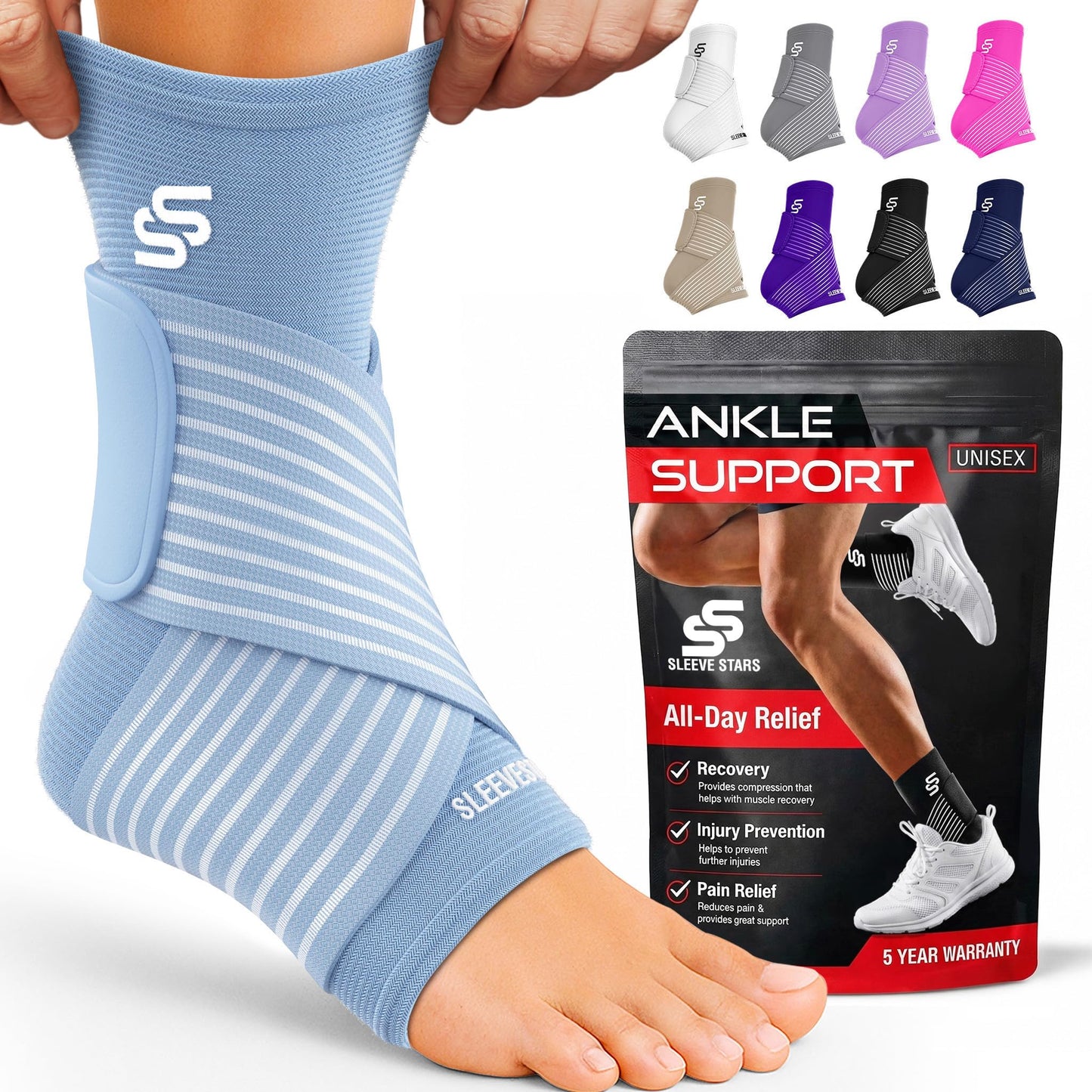 Sleeve Stars Ankle Brace for Women & Men, Ankle Wrap for Sprain, Compression Sleeve for Plantar Fasciitis Relief, Easy Customizable Support: w/ Removable Strap (Pair/M:10"-12"/Light Blue)