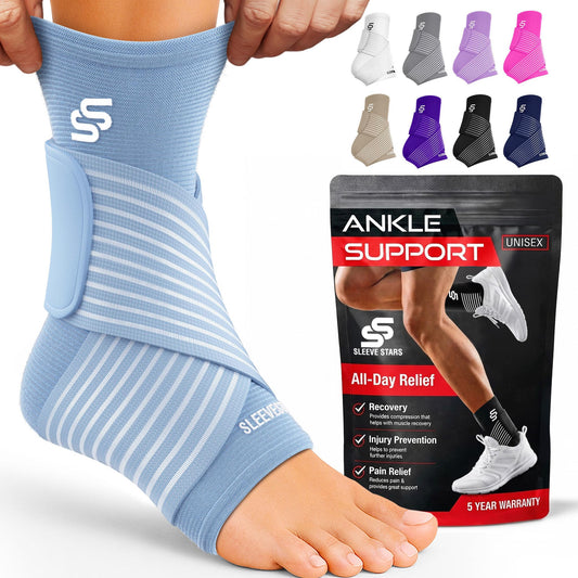 Sleeve Stars Ankle Brace for Women & Men, Ankle Wrap for Sprain, Compression Sleeve for Plantar Fasciitis Relief, Easy Customizable Support: w/ Removable Strap (Pair/M:10"-12"/Light Blue)